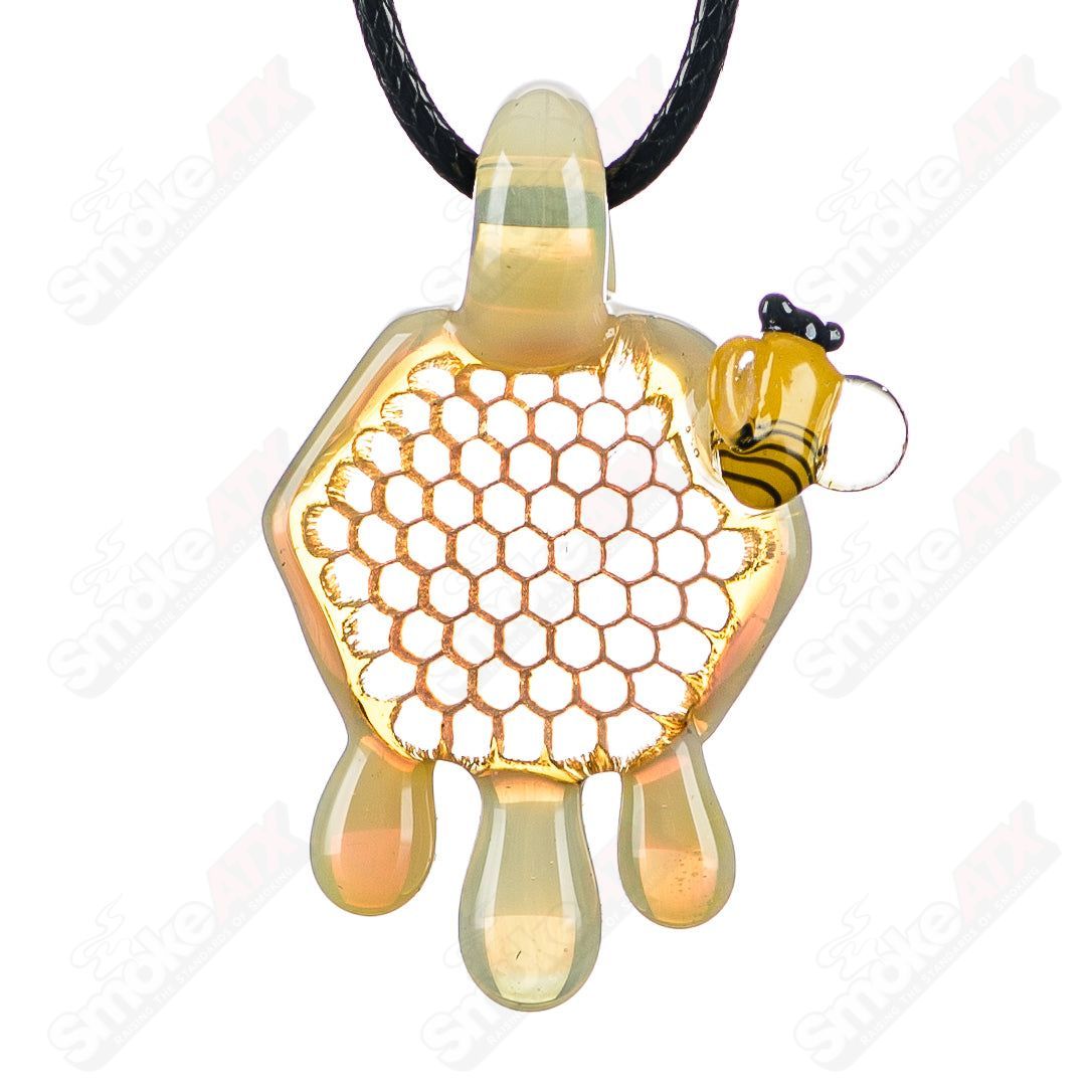 Milky medium honeycomb drip pendant by Joe P Glass, handcrafted heady glass jewelry with intricate design and vibrant colors.