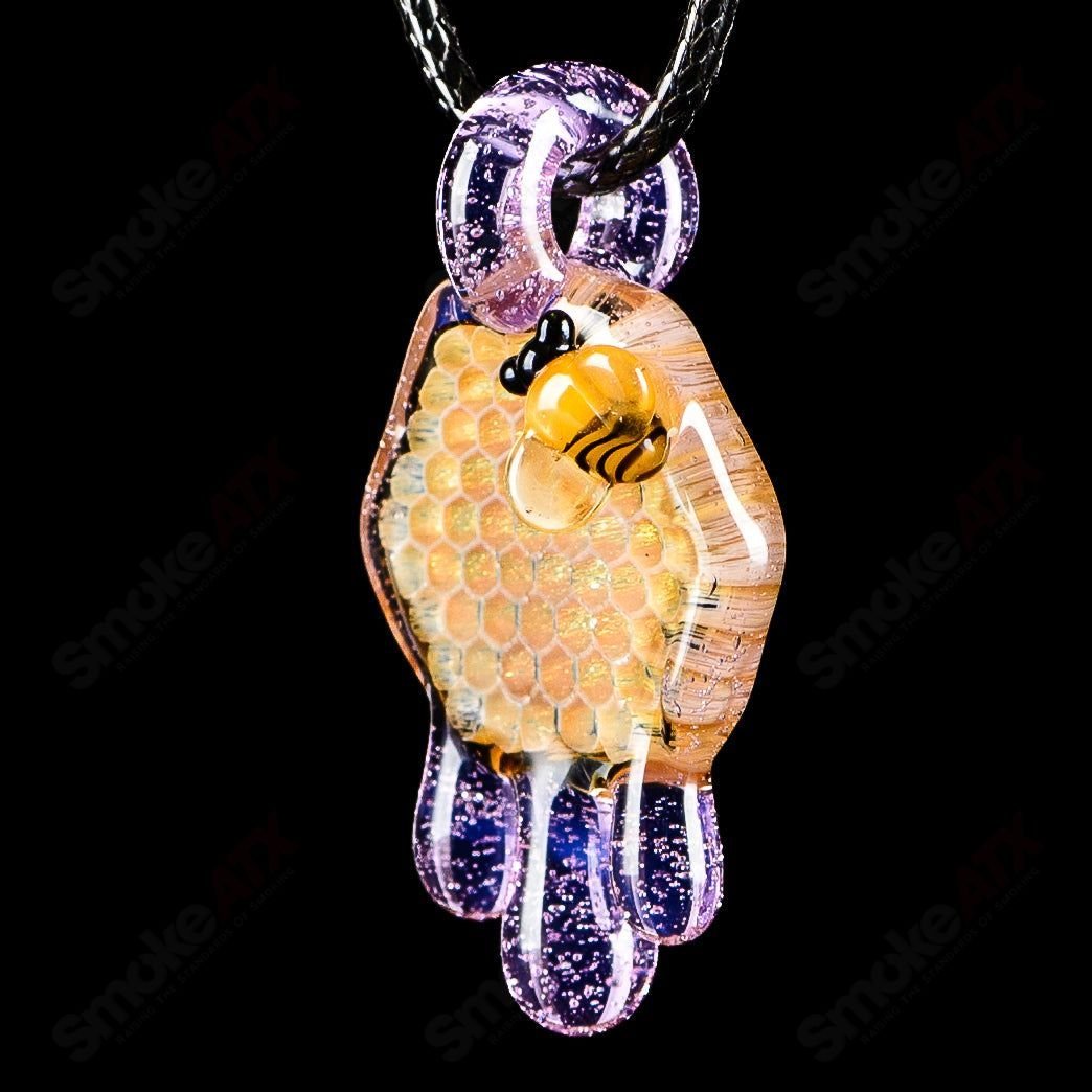 Medium honeycomb drip pendant in purple Slyme by Joe P Glass, a colorful heady glass pendant with intricate design.