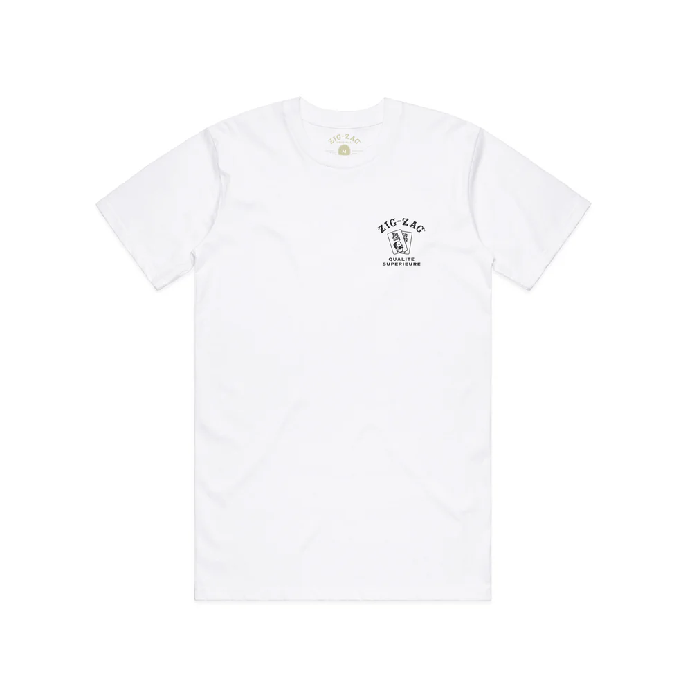 Small white Zig Zag Superieure T-shirt with zigzag pattern, casual lifestyle clothing, front view showing design details.