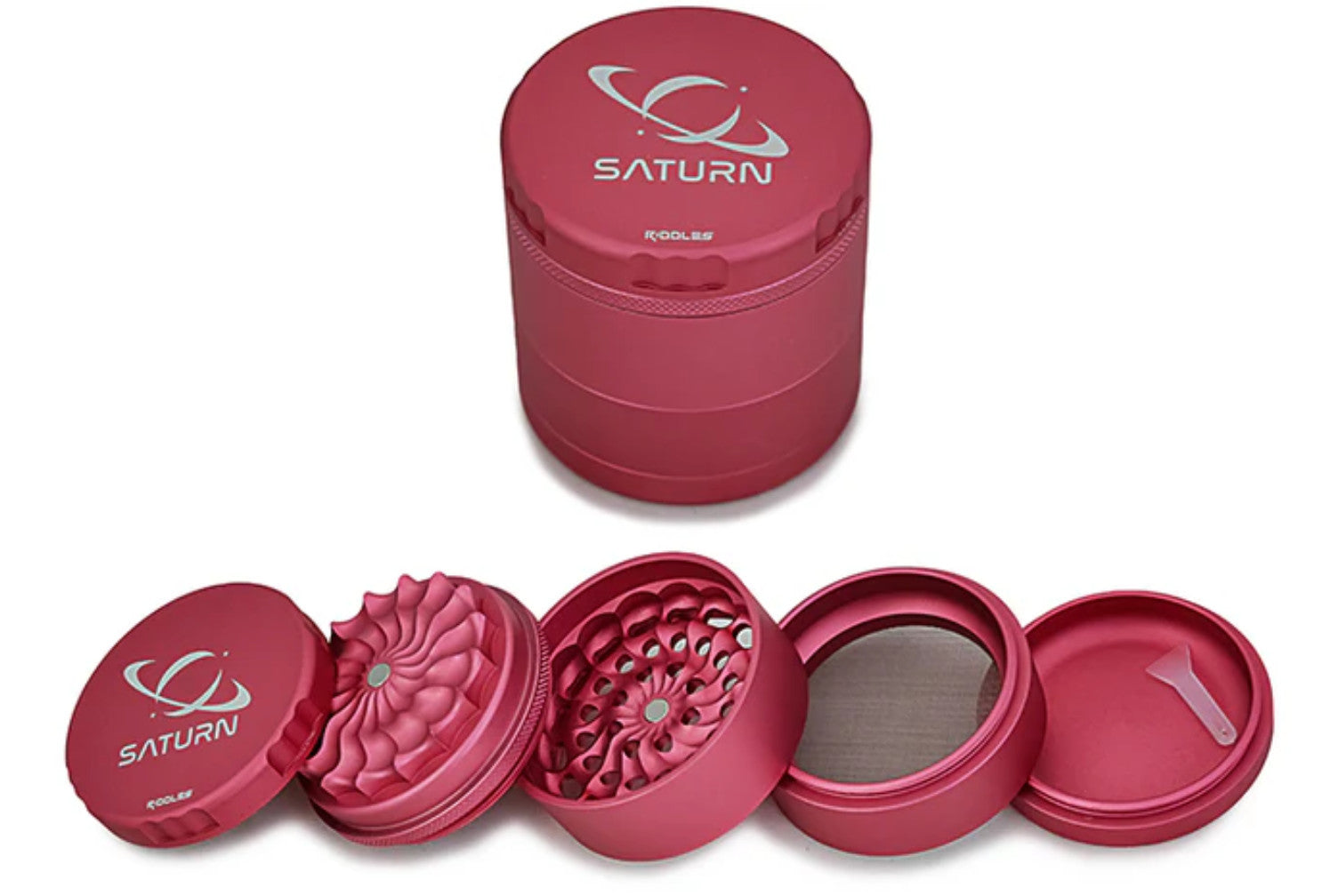Riddles 63mm 5-piece Saturn Grinder Mill with sharp teeth and clear lid for efficient grinding of herbs and spices.