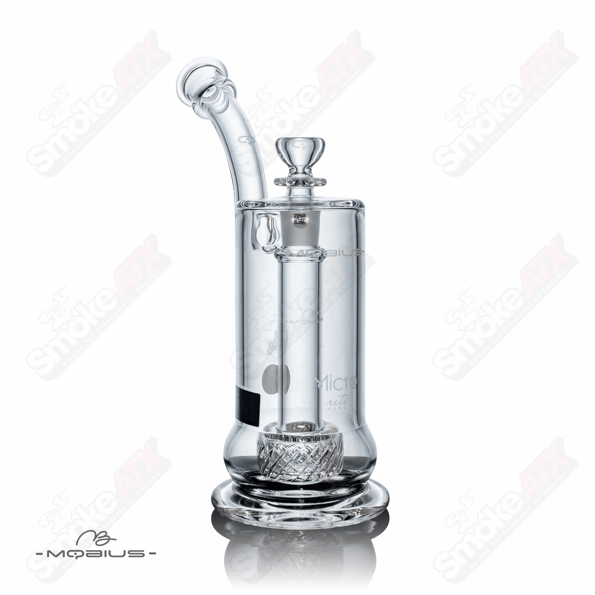 Mobius Micro Reti V3 glass bubbler with intricate glasswork and clear design, showcasing its compact, stylish water pipe features.