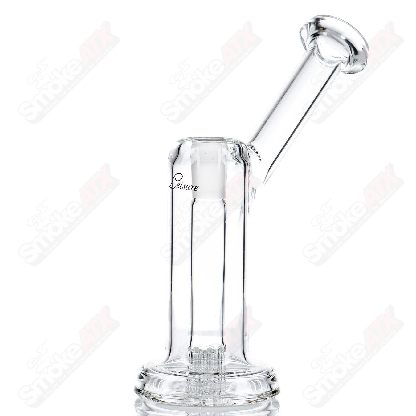 Mini 8 Bubbler Leisure Glass, clear glass bubbler with compact design, featuring a mouthpiece and water chamber for smooth smoking experience.