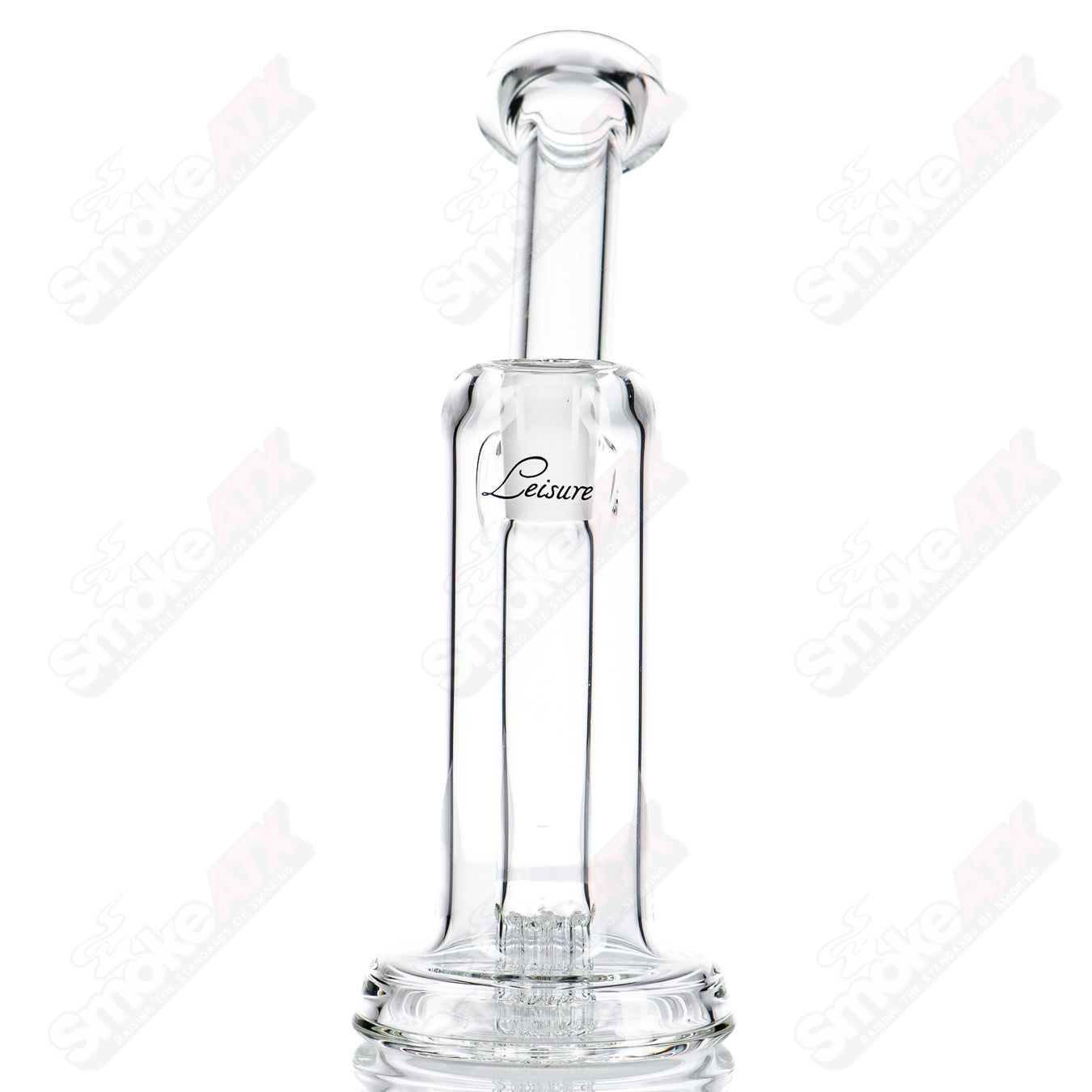 Mini 8 Bubbler Leisure Glass, clear glass bubbler with compact design, featuring a smooth mouthpiece and water chamber for smoking.
