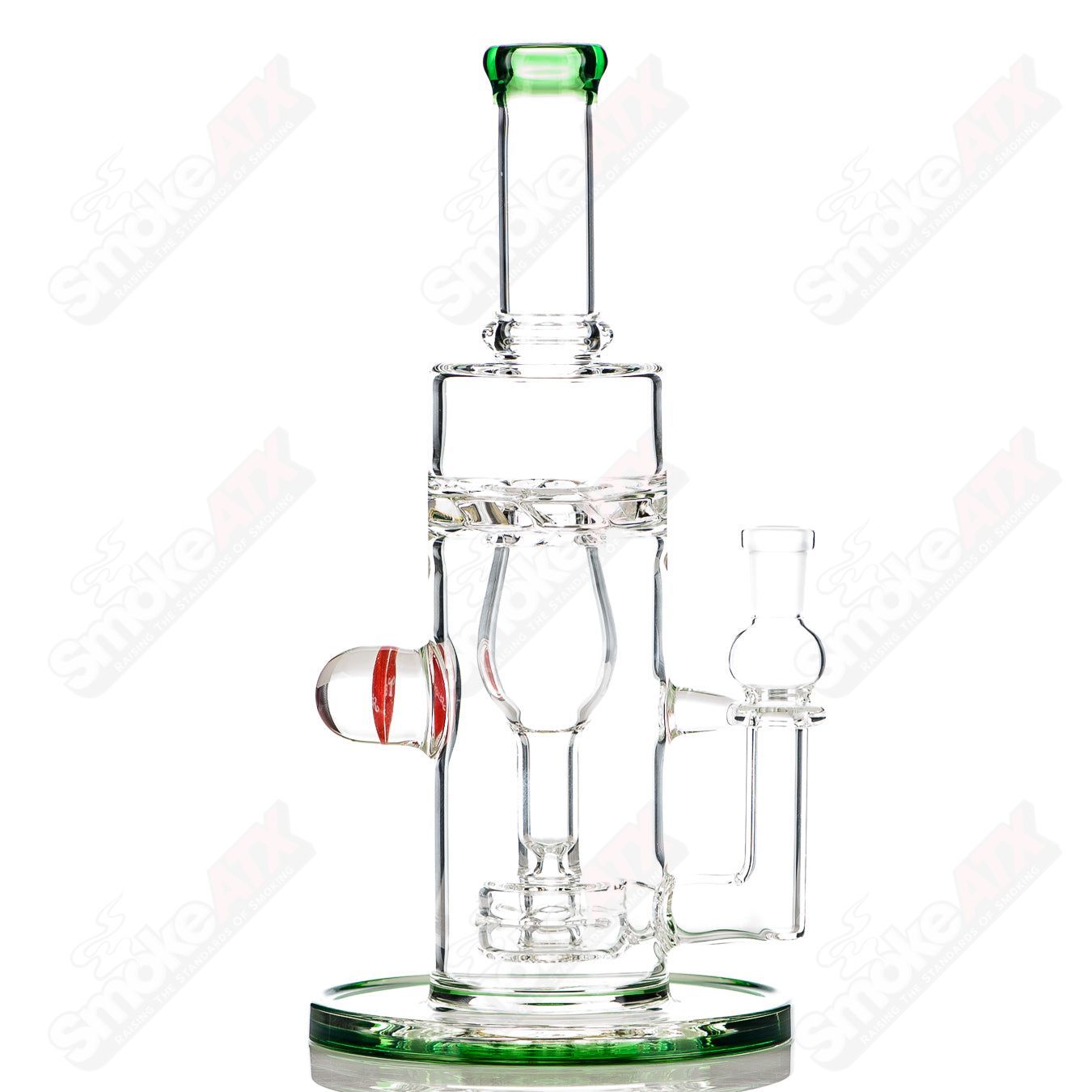Mini Incycler recycler glass pipe with green accents by Terroir, featuring a sleek design and clear glass construction.