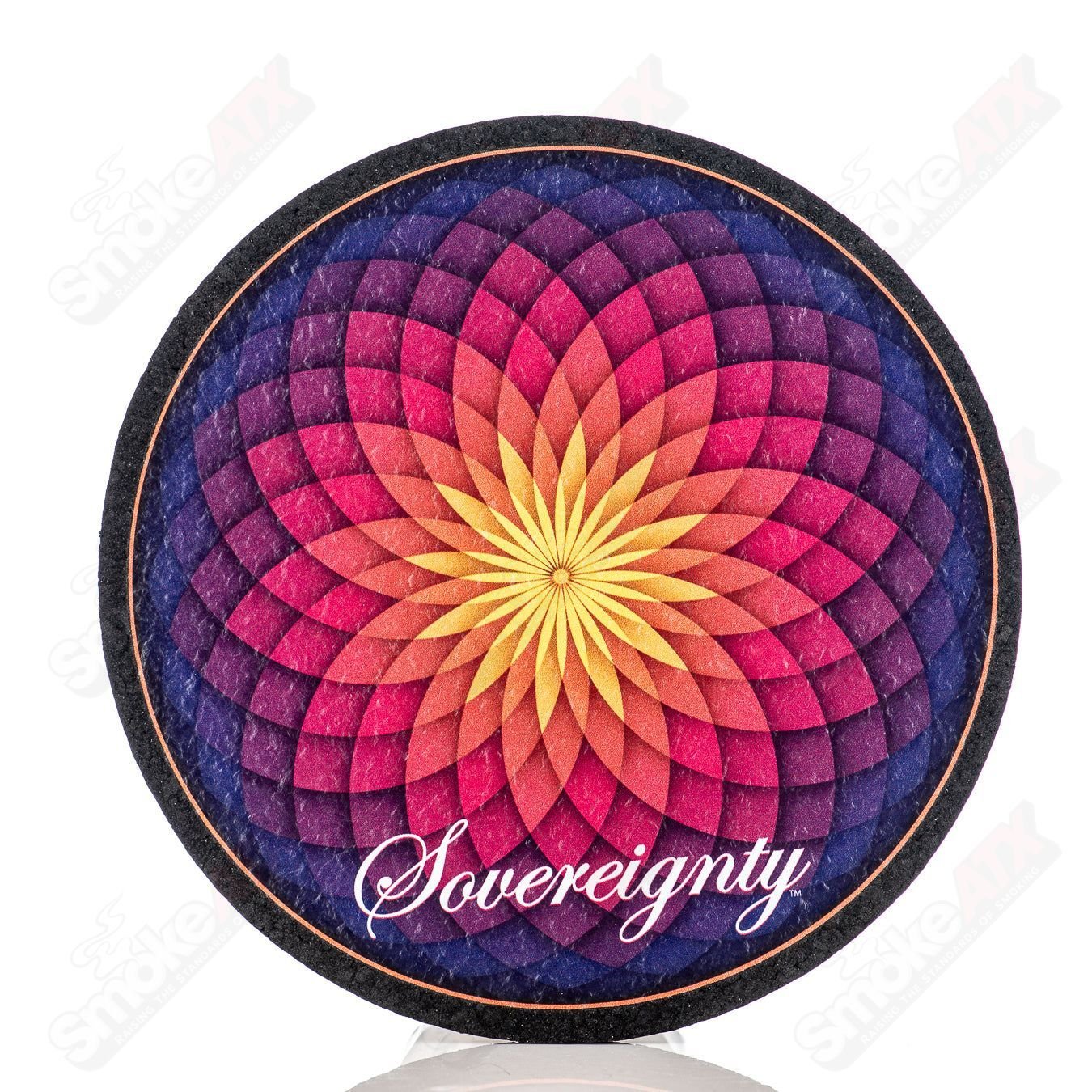 Amber and purple flower design dab mat by Sovereignty Glass, Mood Mat LE with limited edition 250 units, featuring vibrant floral artwork.