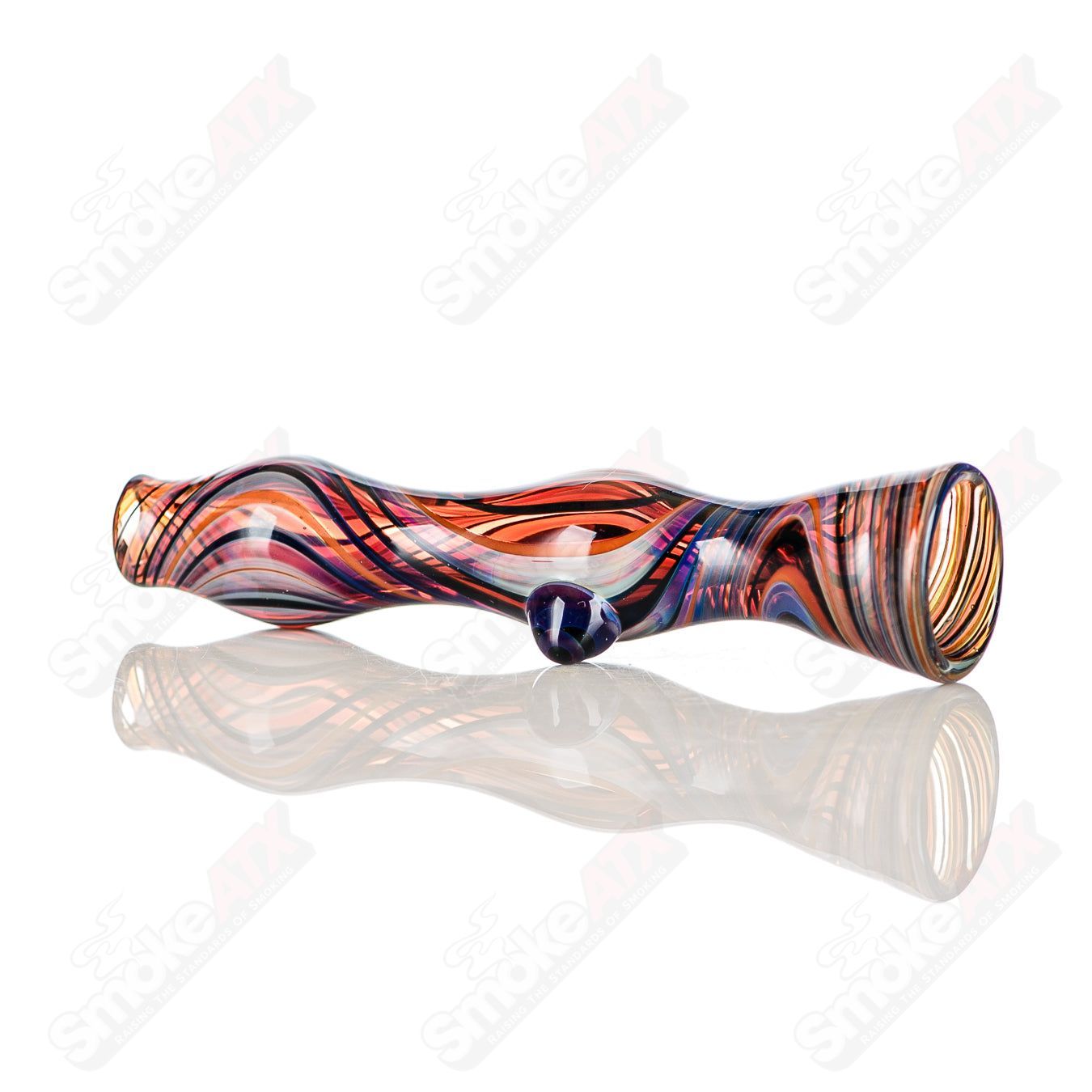 Multi-color line-worked Indo Glass chillum with purple dot, featuring intricate glass design and smooth glass construction.