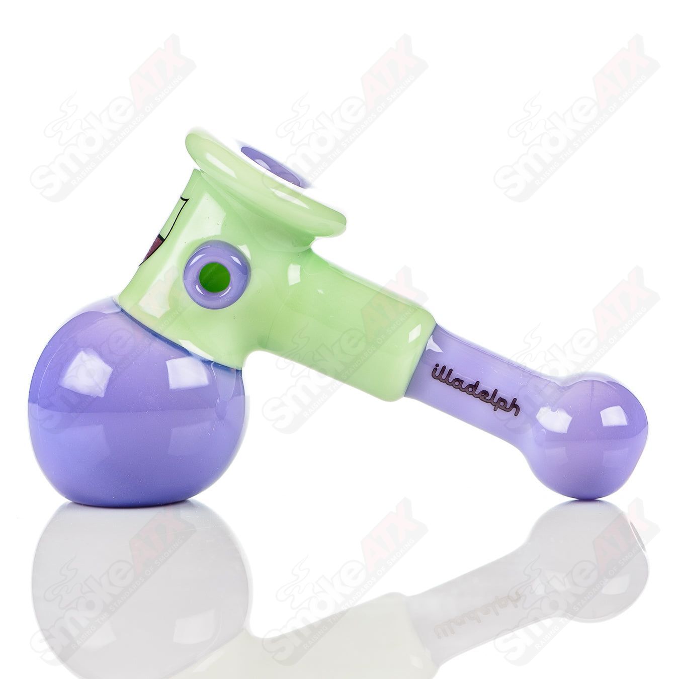Illadelph multi-hole hammer hand pipe in Milky Green and Pink glass with multiple holes, designed for smooth smoking experience.