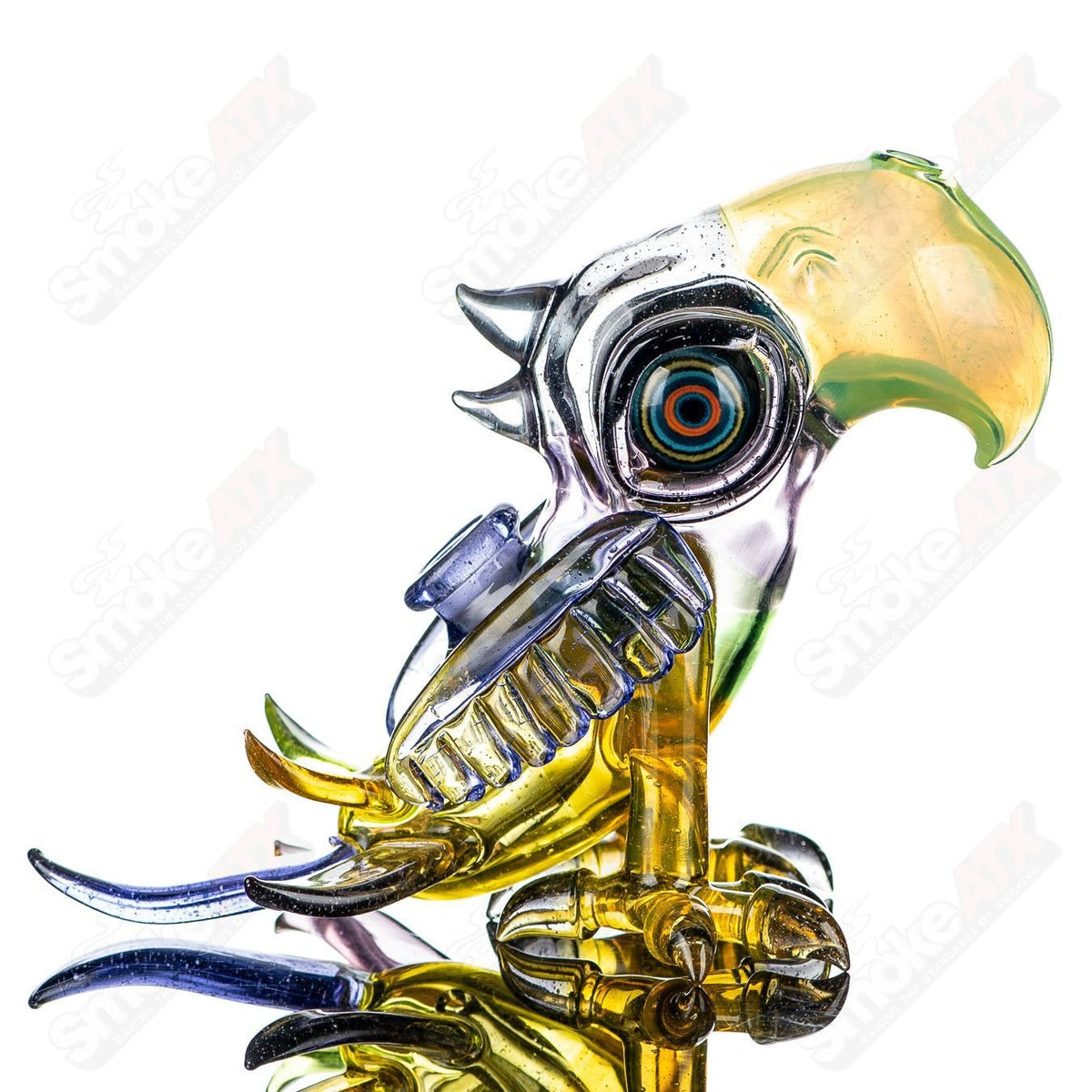 Multicolor Macaw Rig by RJ Glass, a vibrant heady glass concentrate rig featuring a colorful macaw design.