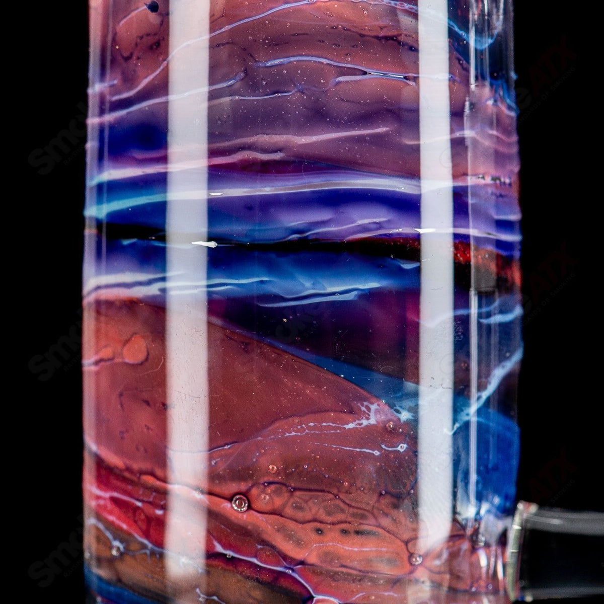 12.5-inch purple, blue, and white straight glass tube by Dirty Rico with 14mm bowl, featuring colorful apolocoline design.