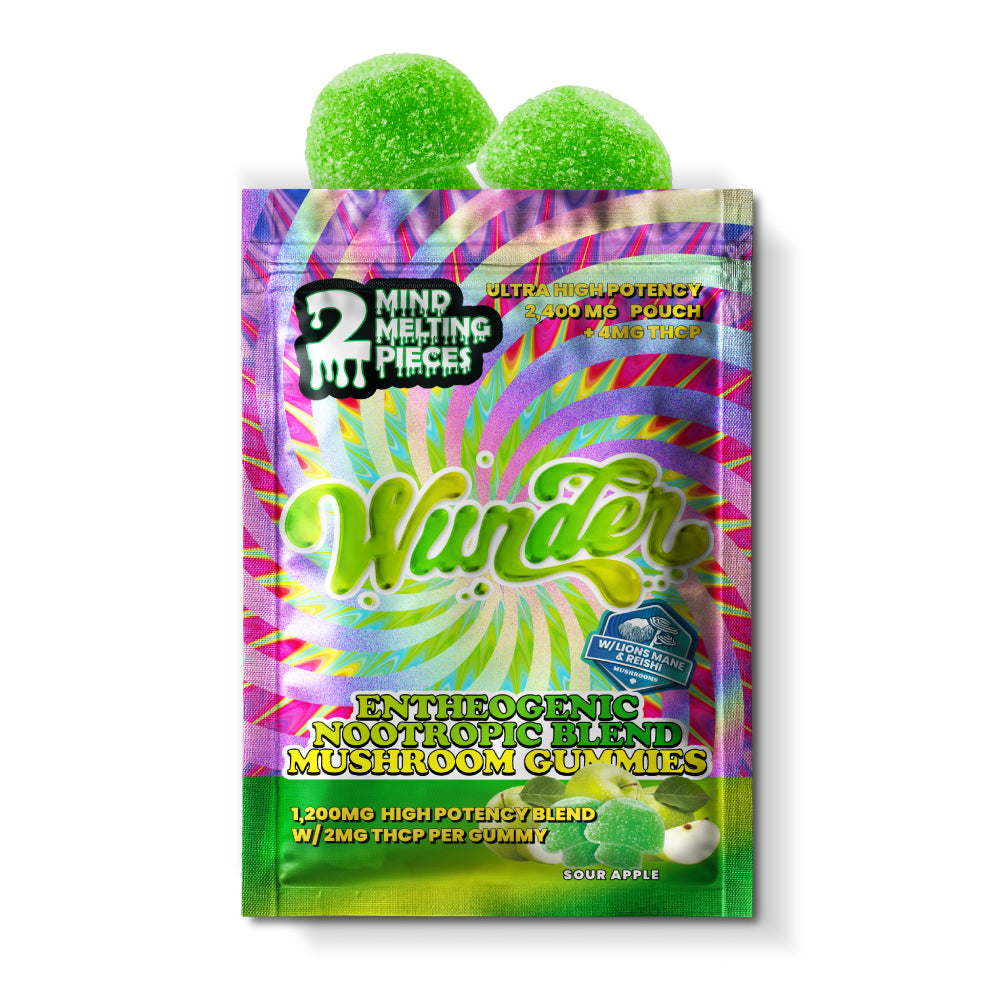 Wunder Sour Apple Mushroom and THCP blend hemp edibles gummies, 1200mg, showing colorful sour apple flavored gummies in a clear container.