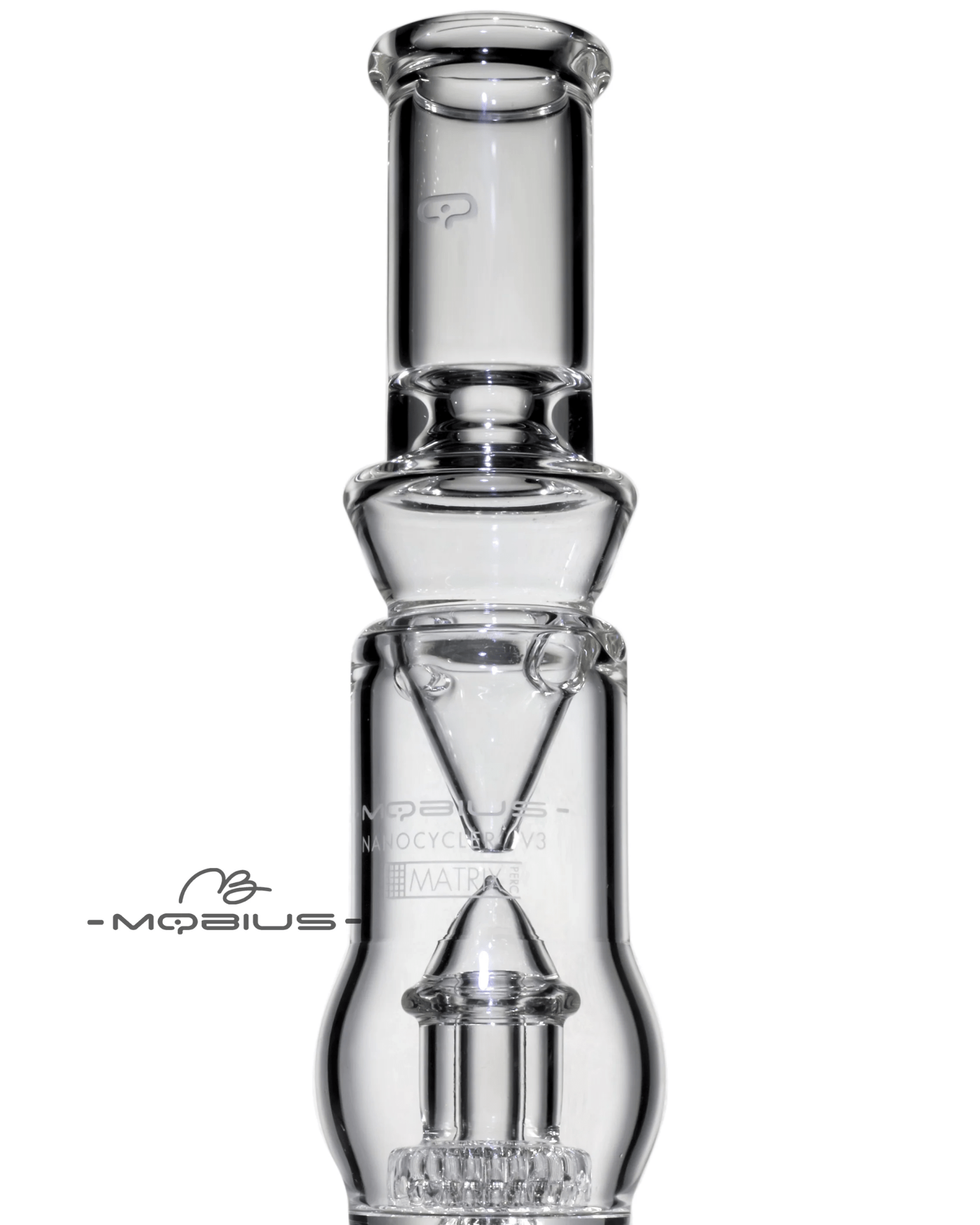 Mobius Nanocycler V3 Matrix Perc glass waterpipe with intricate design and multiple percolators for smooth smoking.