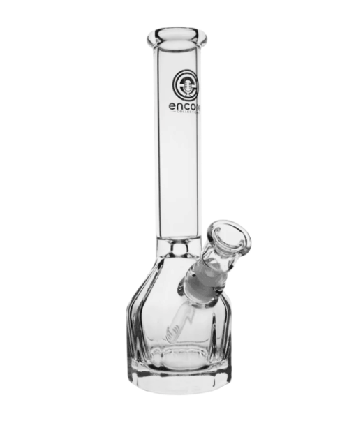 11-inch clear glass waterpipe by Encore featuring a straight tube design with intricate mouthpiece details.
