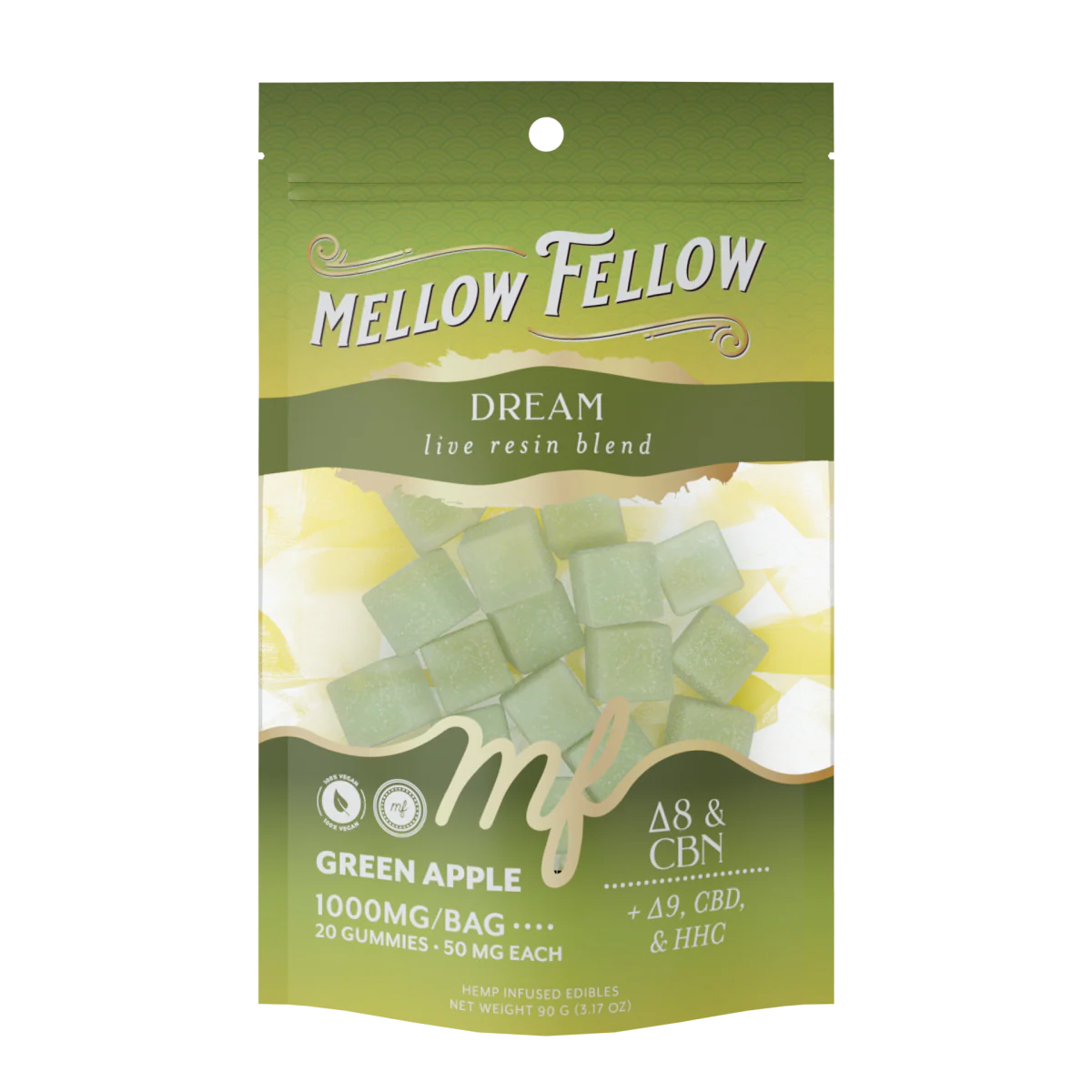 Green Apple Euphoria hemp-infused gummies by Mellow Fellow, 1000mg, 20 count, showing colorful gummy candies on a white background.