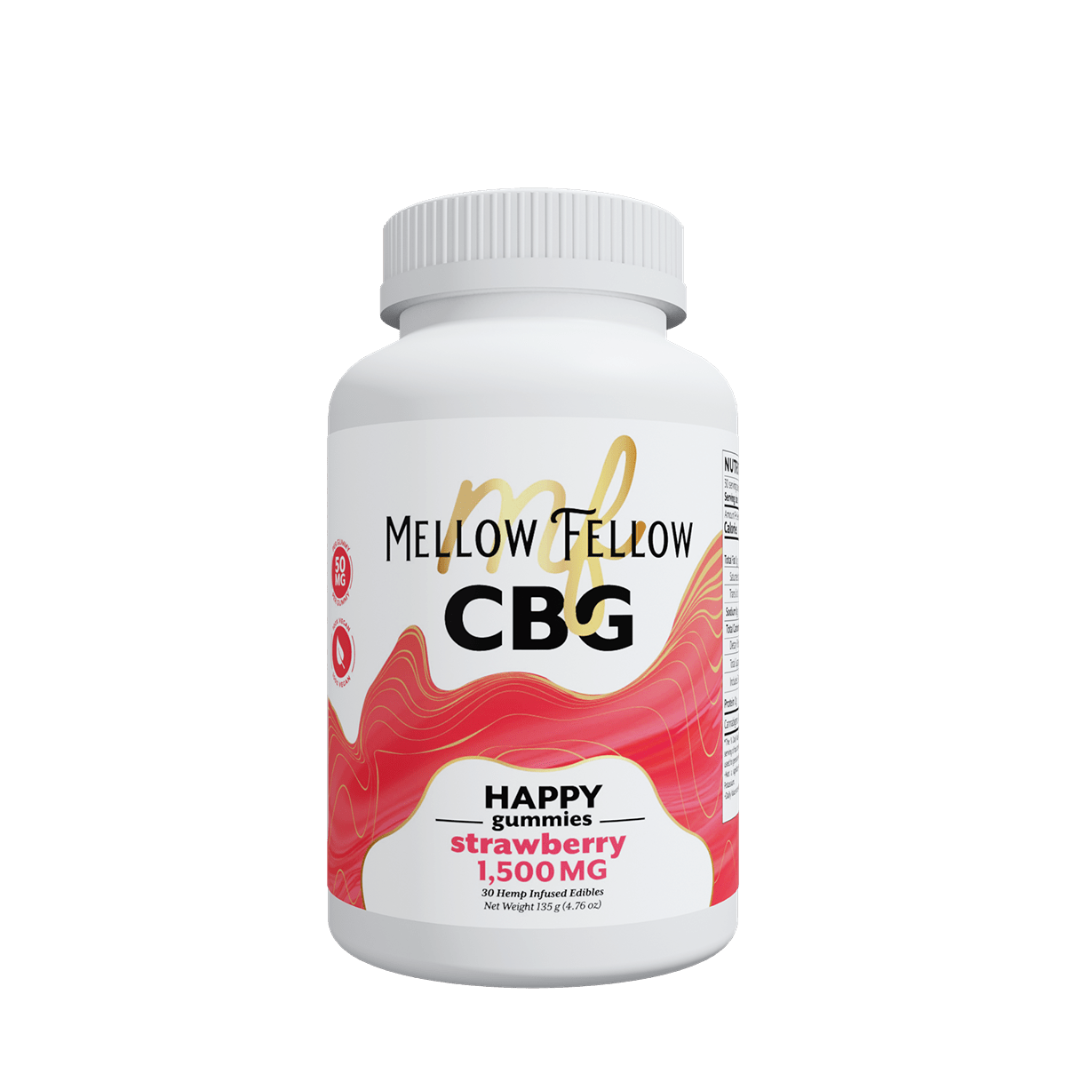 Strawberry flavored Mellow Fellow hemp CBG 1500mg wellness gummies in a 30-count bottle, featuring bright packaging and gummies.