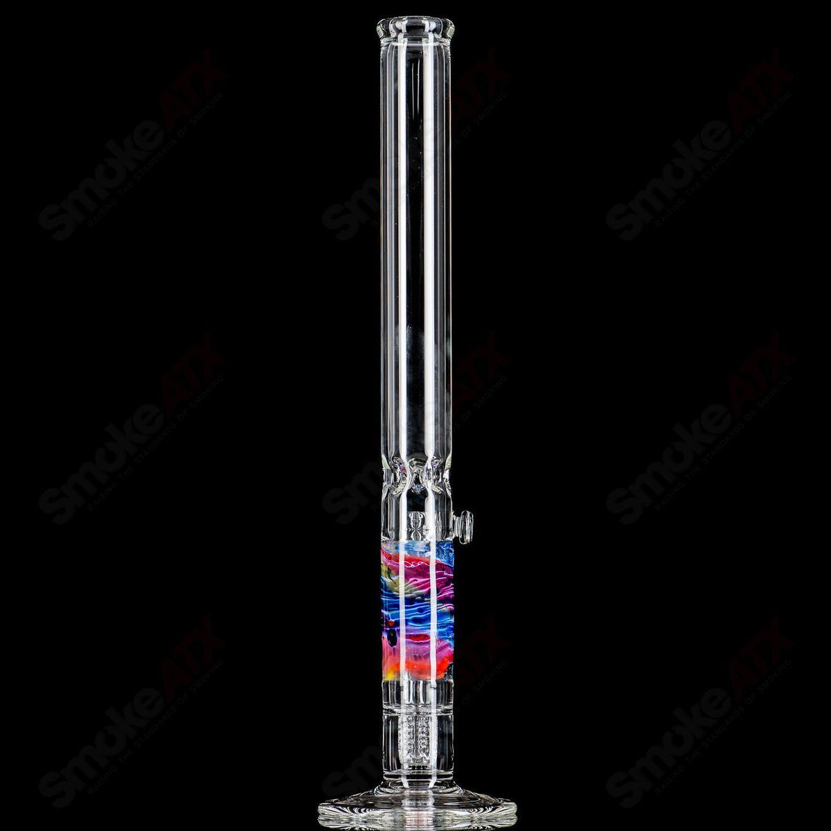 20-inch rainbow fade Apolocoline straight glass tube by Dirty Rico with 14mm bowl, featuring vibrant colors and clear craftsmanship