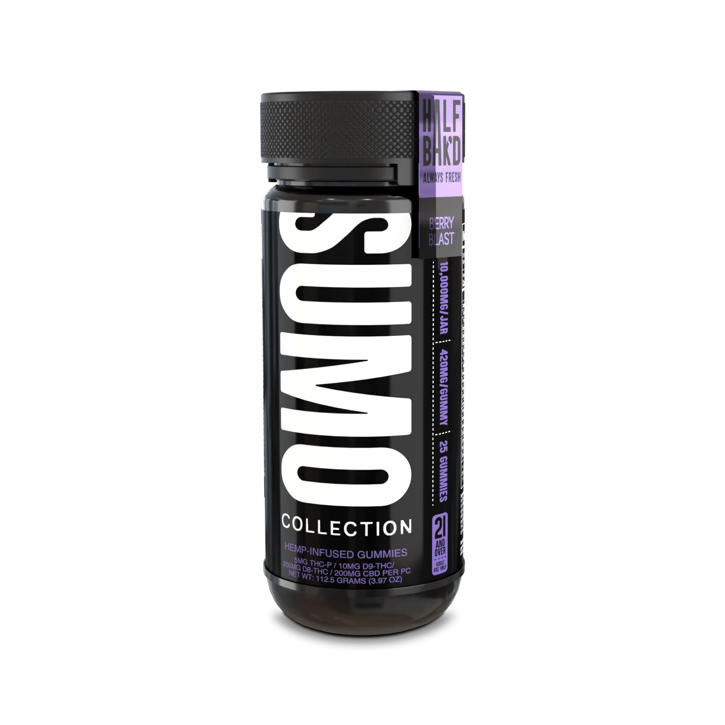 Fresh Farms Berry Blast Sumo Gummies with 10,000mg hemp THC edibles, half baked, displayed in a 25-pack package.