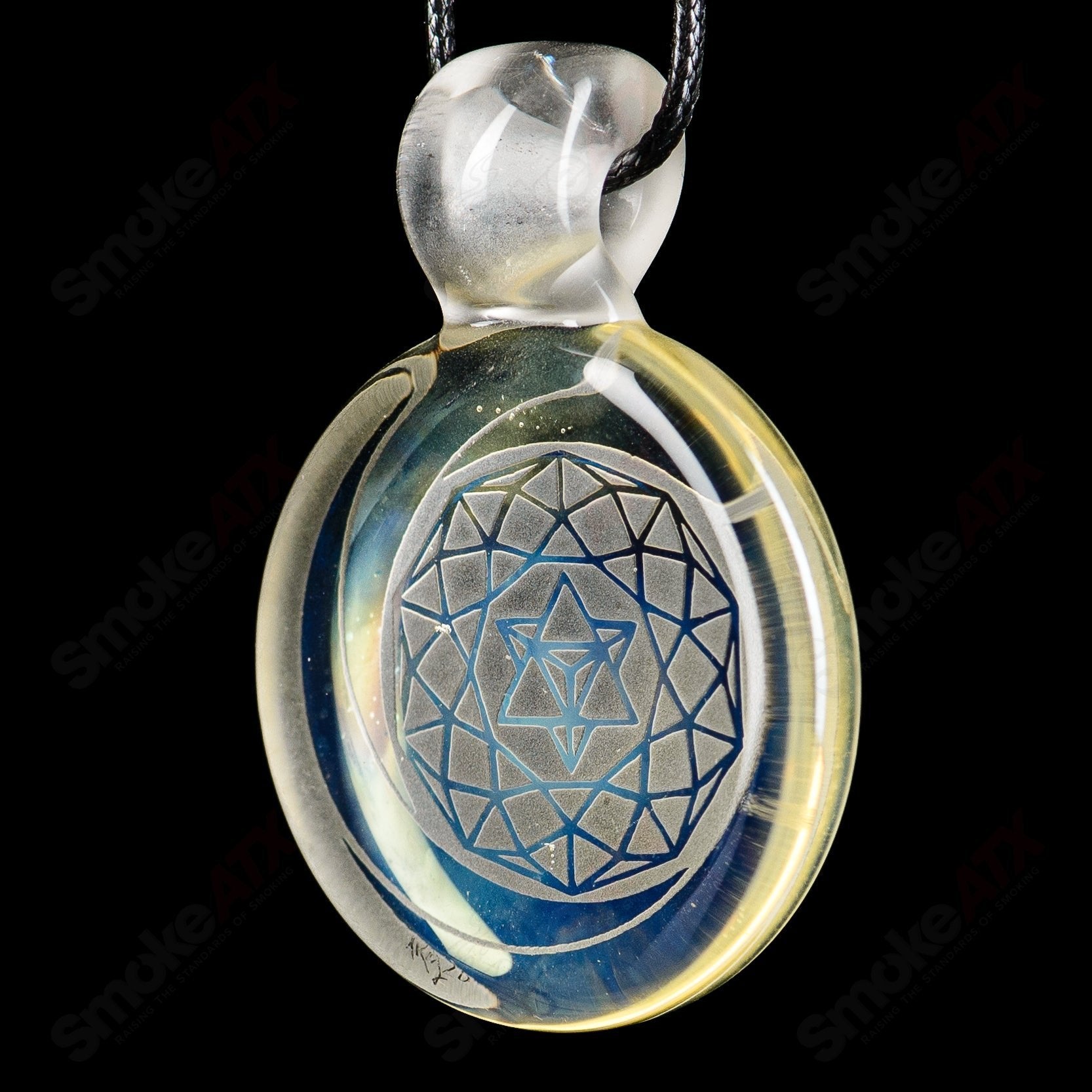 Alkaline Glass #5 Complex Inlay Pendant featuring intricate glass inlay design, hanging from a delicate chain.