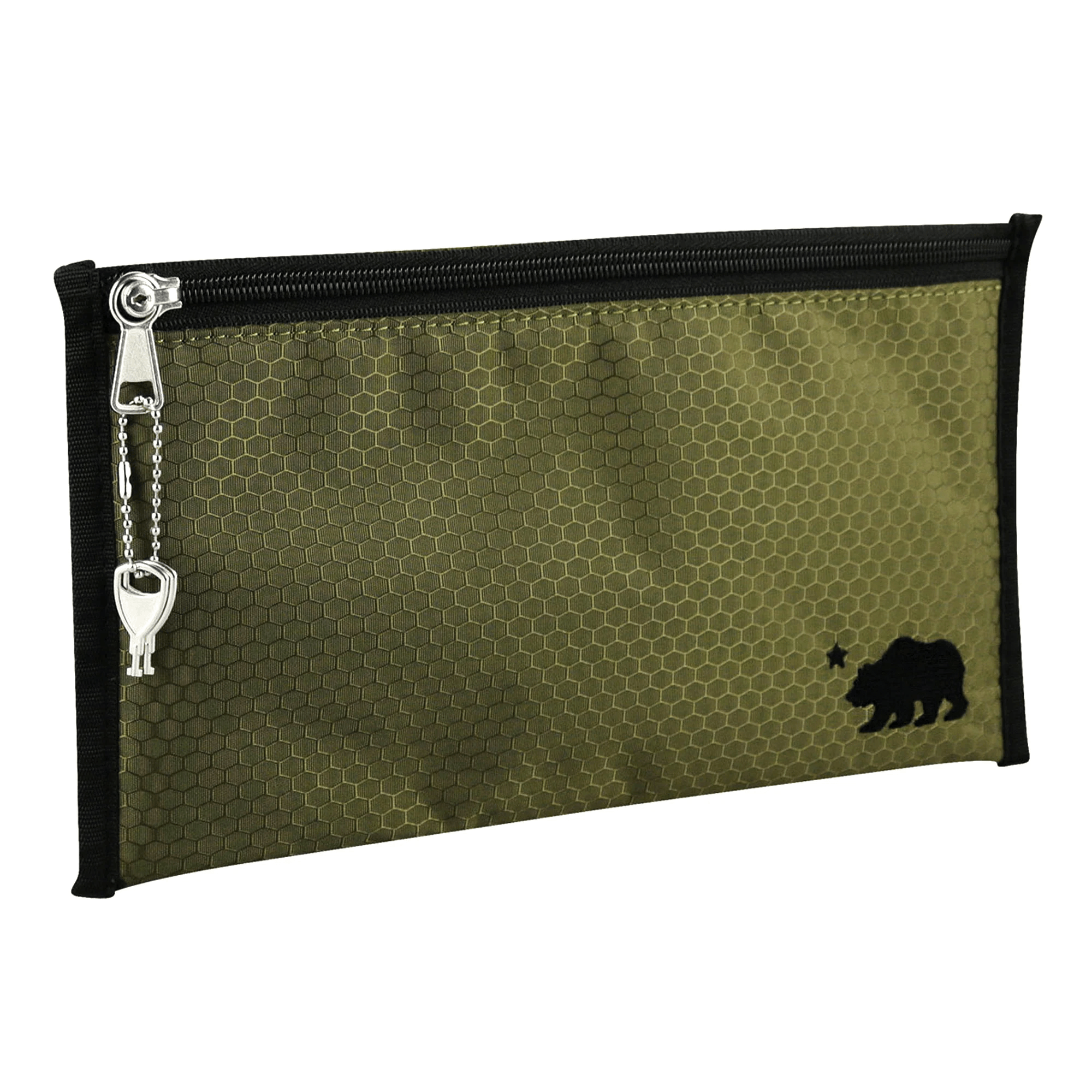 Olive green Cali Crusher 11x6 pouch with black accents, lifestyle bag for carrying essentials.