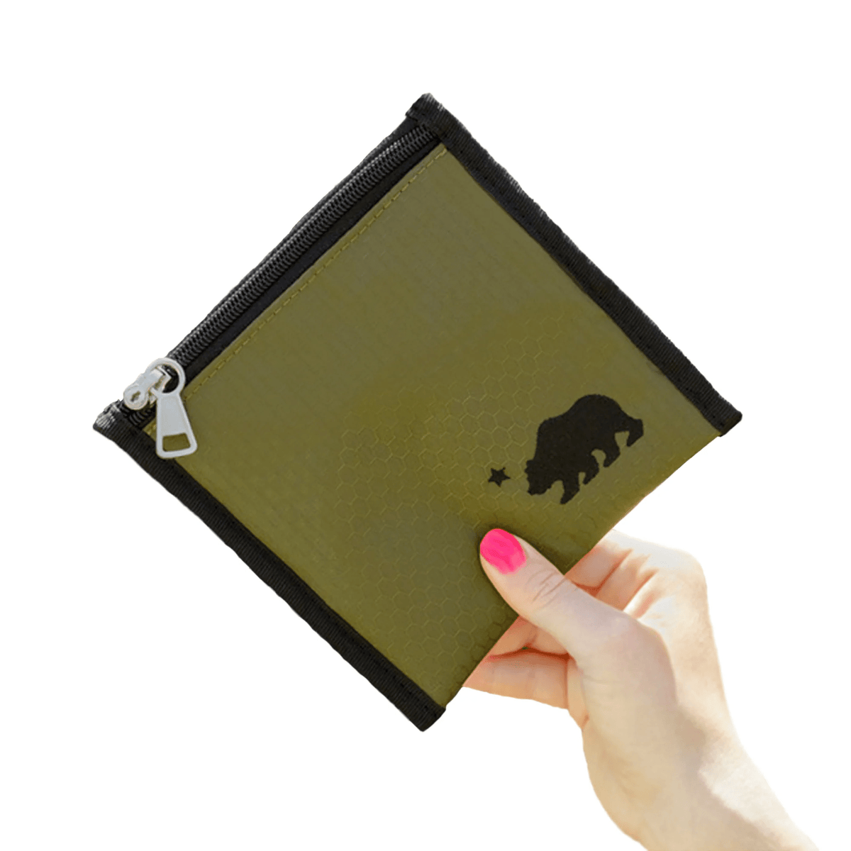 Olive green Cali Crusher 6x6 pouch with black accent, lifestyle bag made of durable material for everyday use.