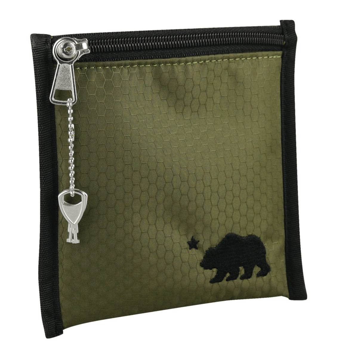 Olive green Cali Crusher 6x6 pouch with black accents, lifestyle bag featuring a compact, stylish design for everyday use.