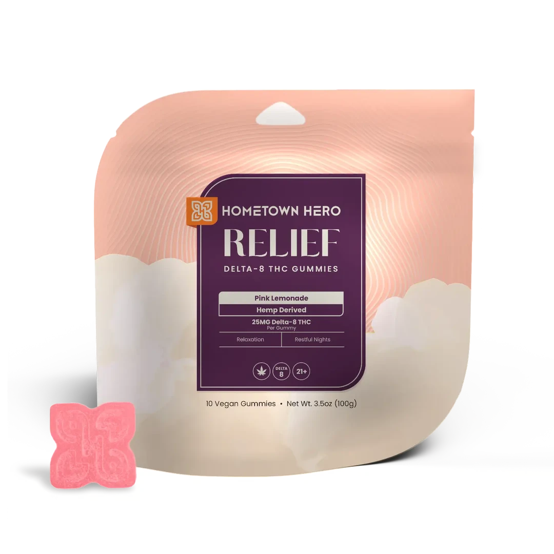 Pink Lemonade Delta 8 Relief Gummies from Hometown Hero, hemp edibles with 250mg Delta 8 in a colorful, fruit-flavored gummy package.