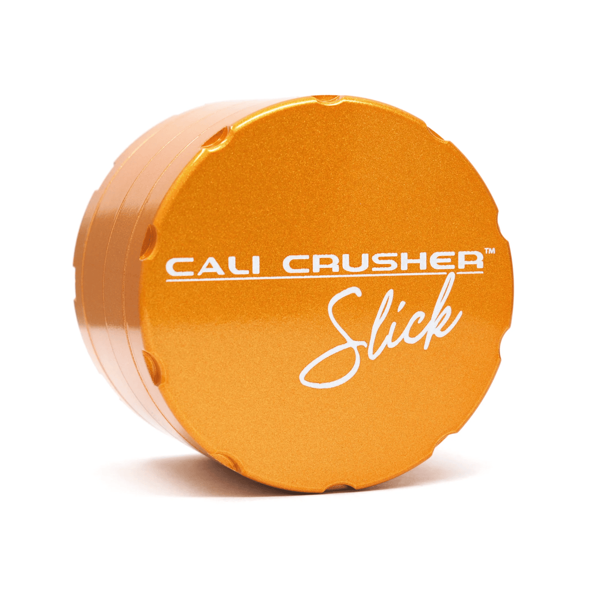 Orange 2.5-inch Cali Crusher 420 Products 4-piece metal grinder with slick design and durable construction for herb grinding.
