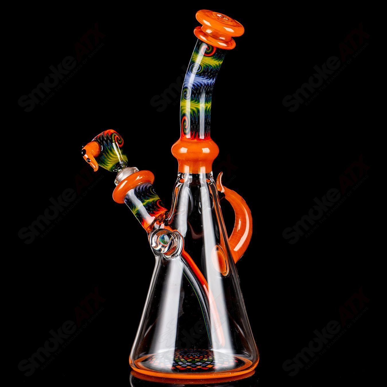 Orange Wig Wag Tube with Slide by Devon Glass, a colorful beaker-style heady glass piece featuring intricate wig wag patterns.