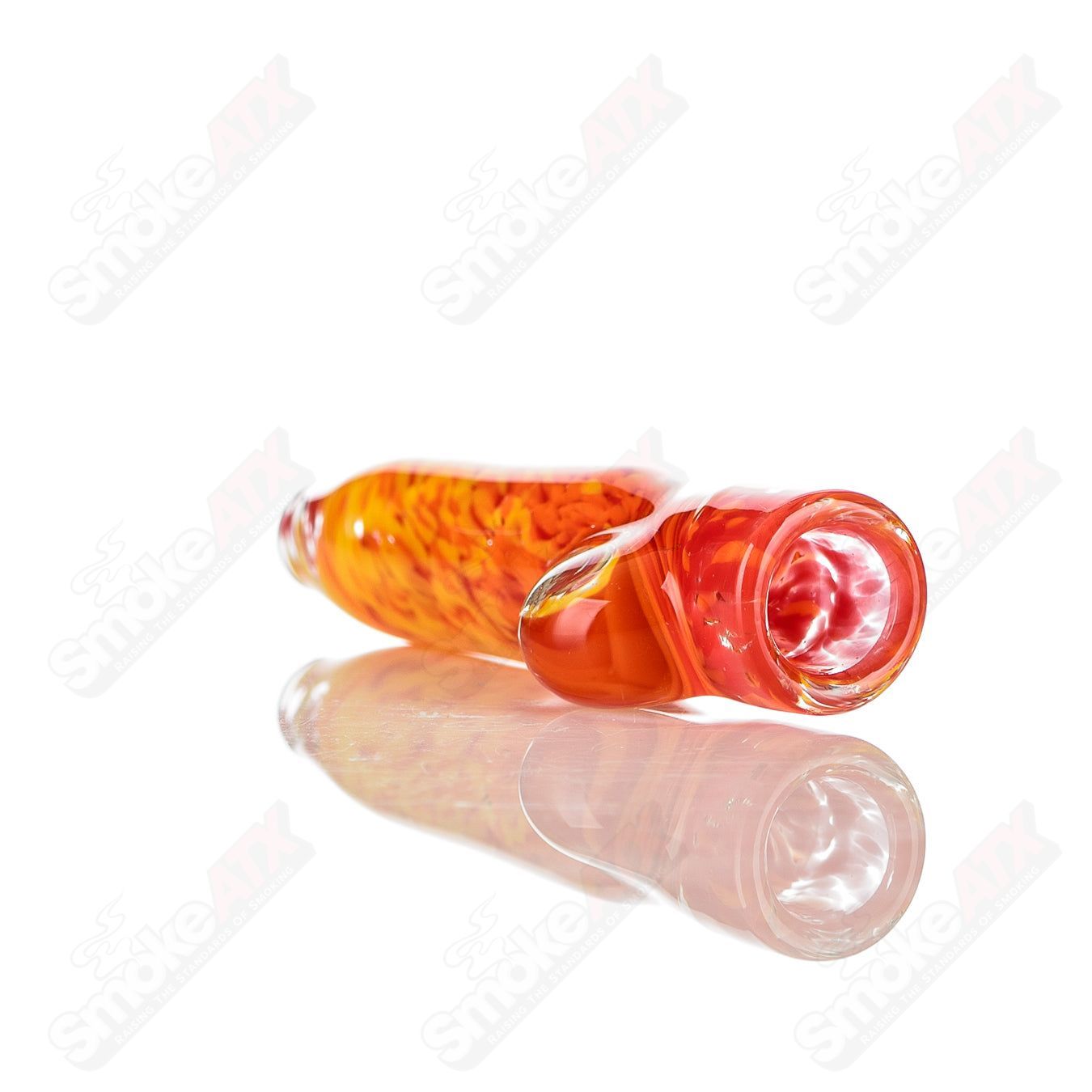 Orange and yellow frit glass chillum with clear dot signature by JMK Glass, featuring a vibrant, colorful design and smooth glass finish.