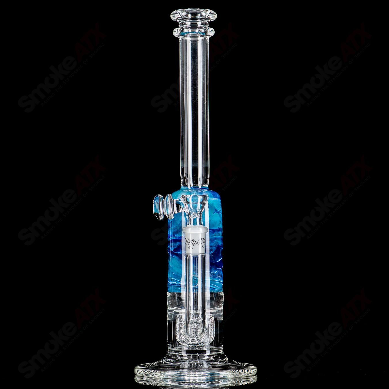 13" Blue/Light Blue Fade Apolocoline Straight Tube w/14m Bowl by Dirty Rico Glass x Nobody Glass - Smoke ATX