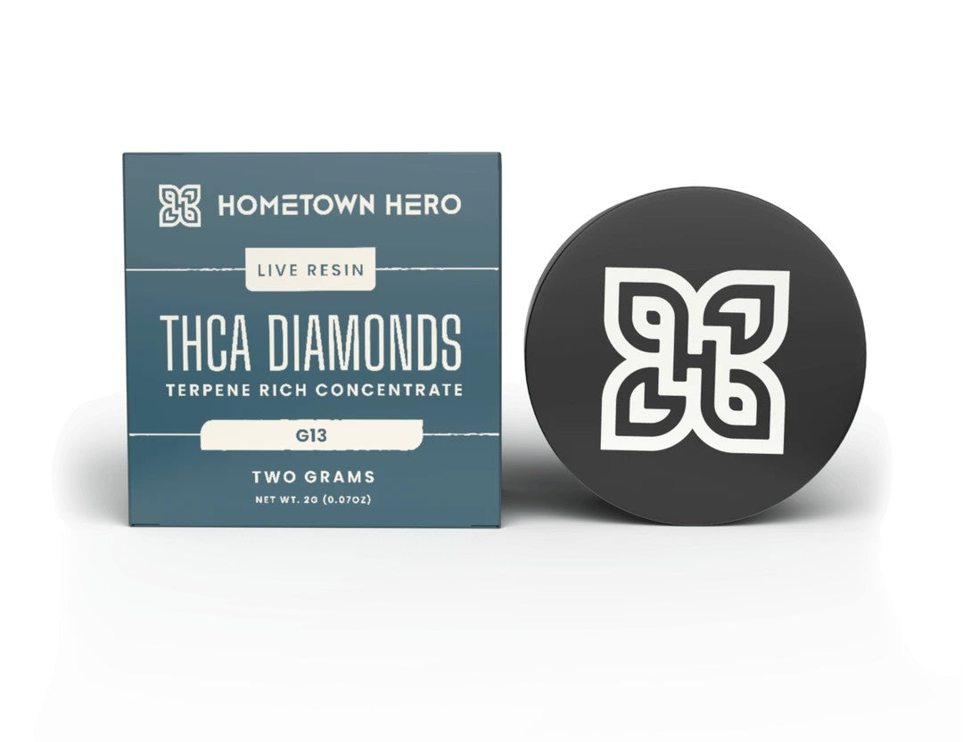 Hometown Hero 2g G13 indica live resin THCA diamonds hemp concentrate with crystalline appearance and thick, resinous texture.