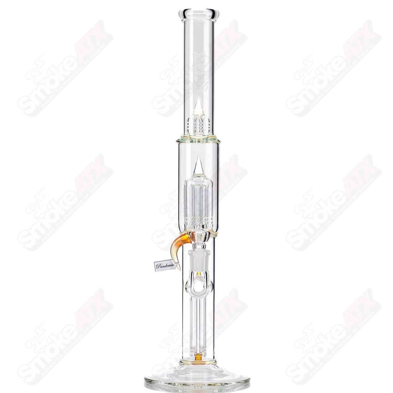 Heady glass Pandemic Fixed 4-arm to 8-arm water pipe with splash guard by Sovereignty Glass, clear glass with intricate design.