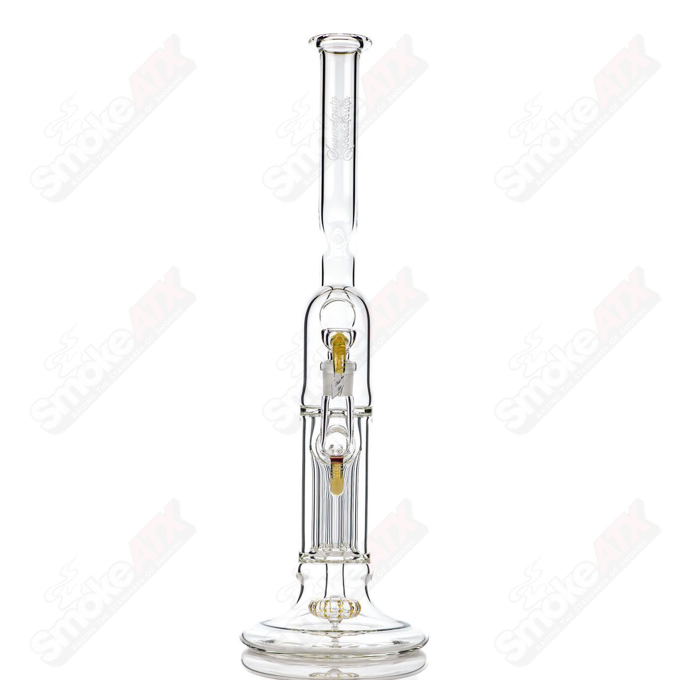 Sovereignty Glass Pillar Natty Neck Hollow Foot Partial Accent in North Star Yellow, showcasing a vibrant glass art piece.