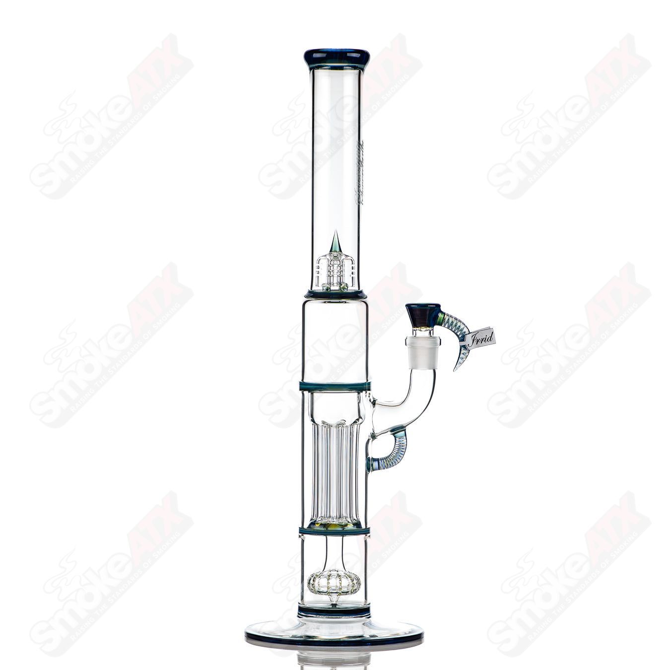 Sovereignty Glass pillar straight-neck tube with solid foot and accented seals, featuring iridescent finish and full accent design.