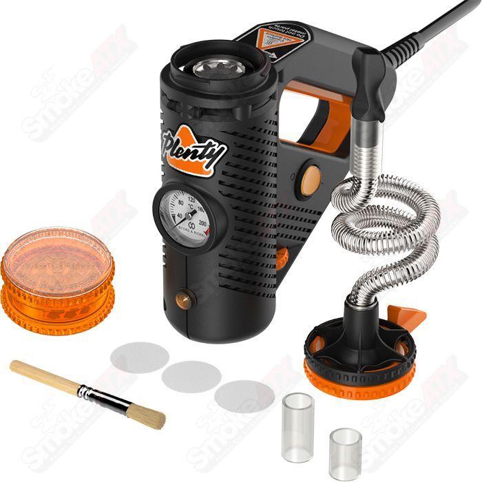 Handheld Plenty Vaporizer by Storz & Bickel for dry herbs, with a sleek black design and ergonomic grip.