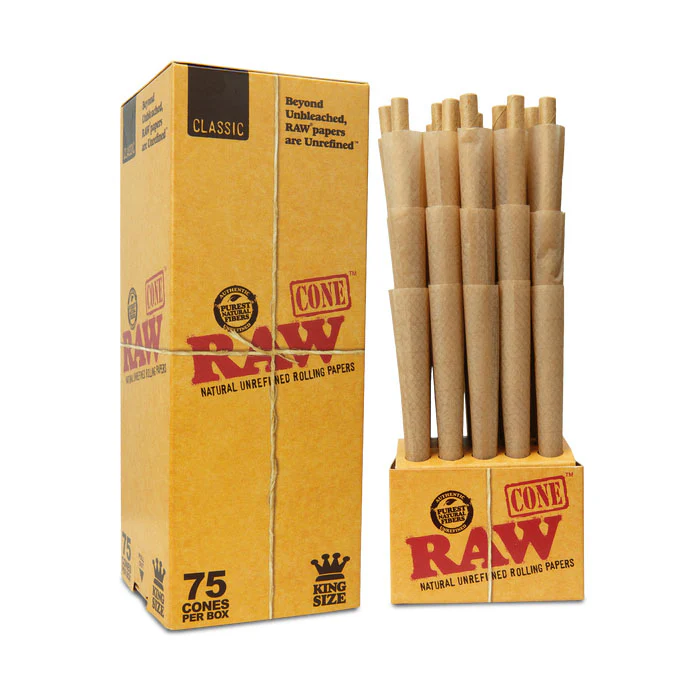 Pile of 75 king size RAW Backrolled Classic Cones for rolling, made of natural rolling papers, ideal for smoking sessions.