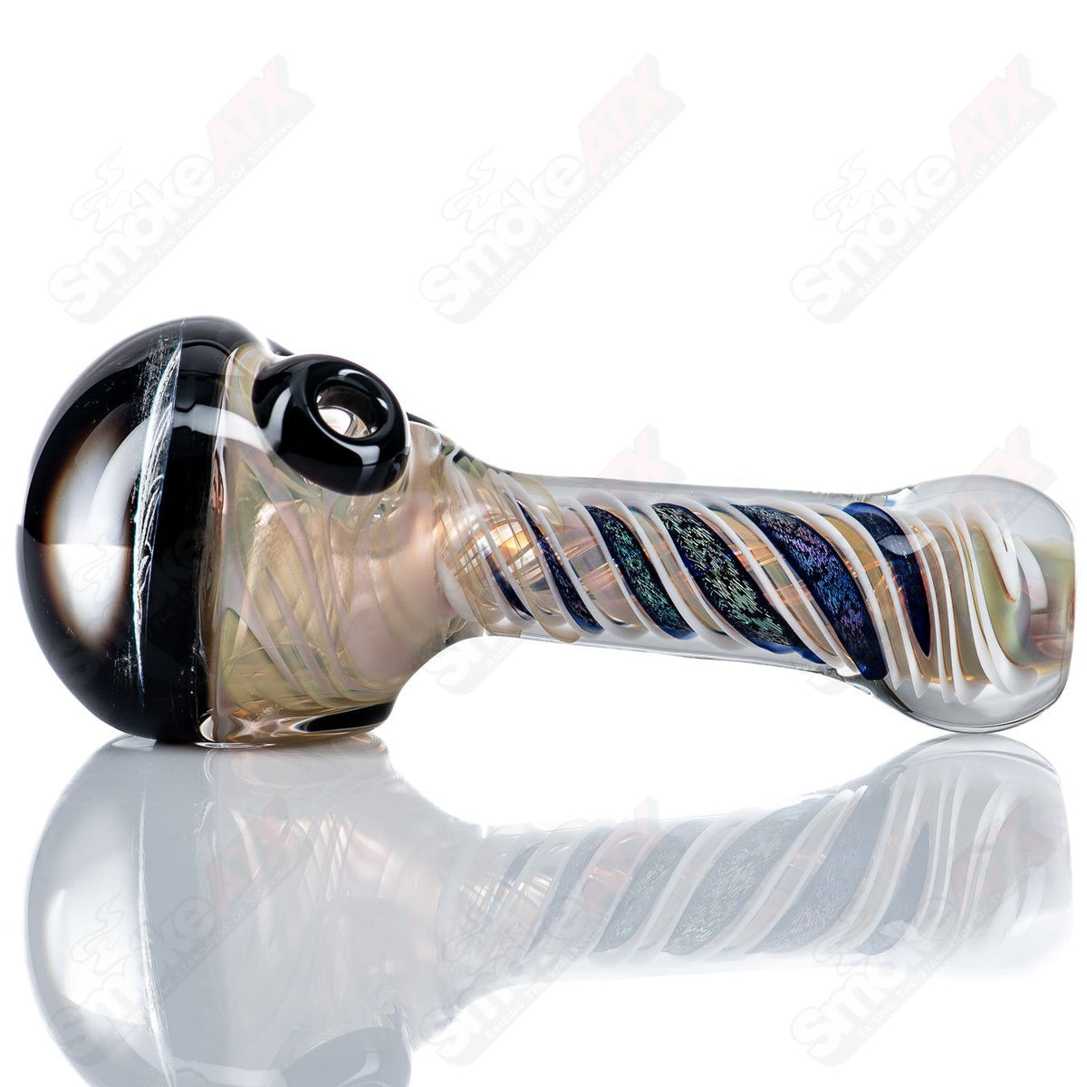 Glass pot leaf dichro image spoon pipe by Talent Glass Works, featuring colorful leaf design and clear glass construction.