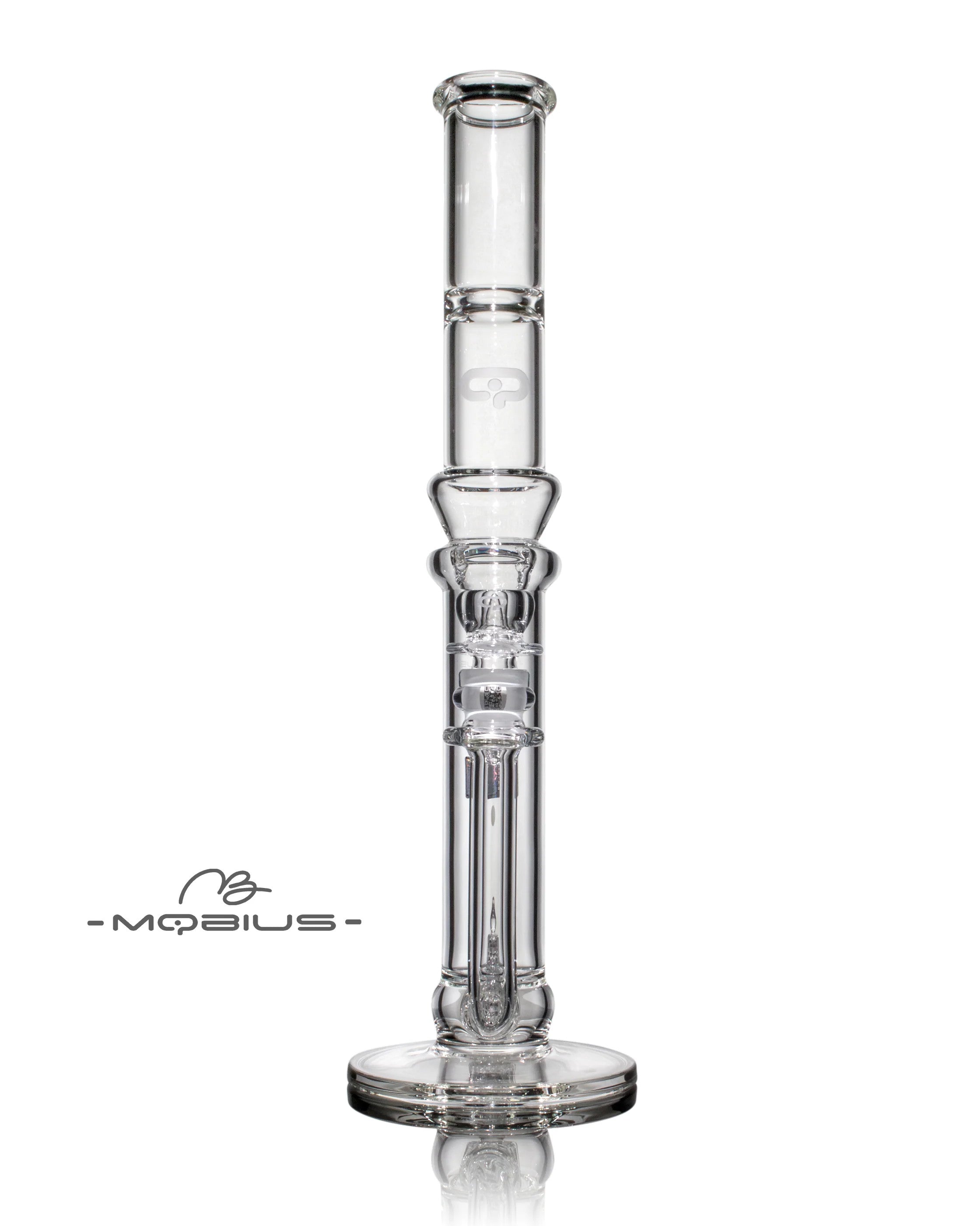 Mobius 45T Tall Stereo Matrix Splash Trap V1 waterpipe made of clear glass with intricate design details.