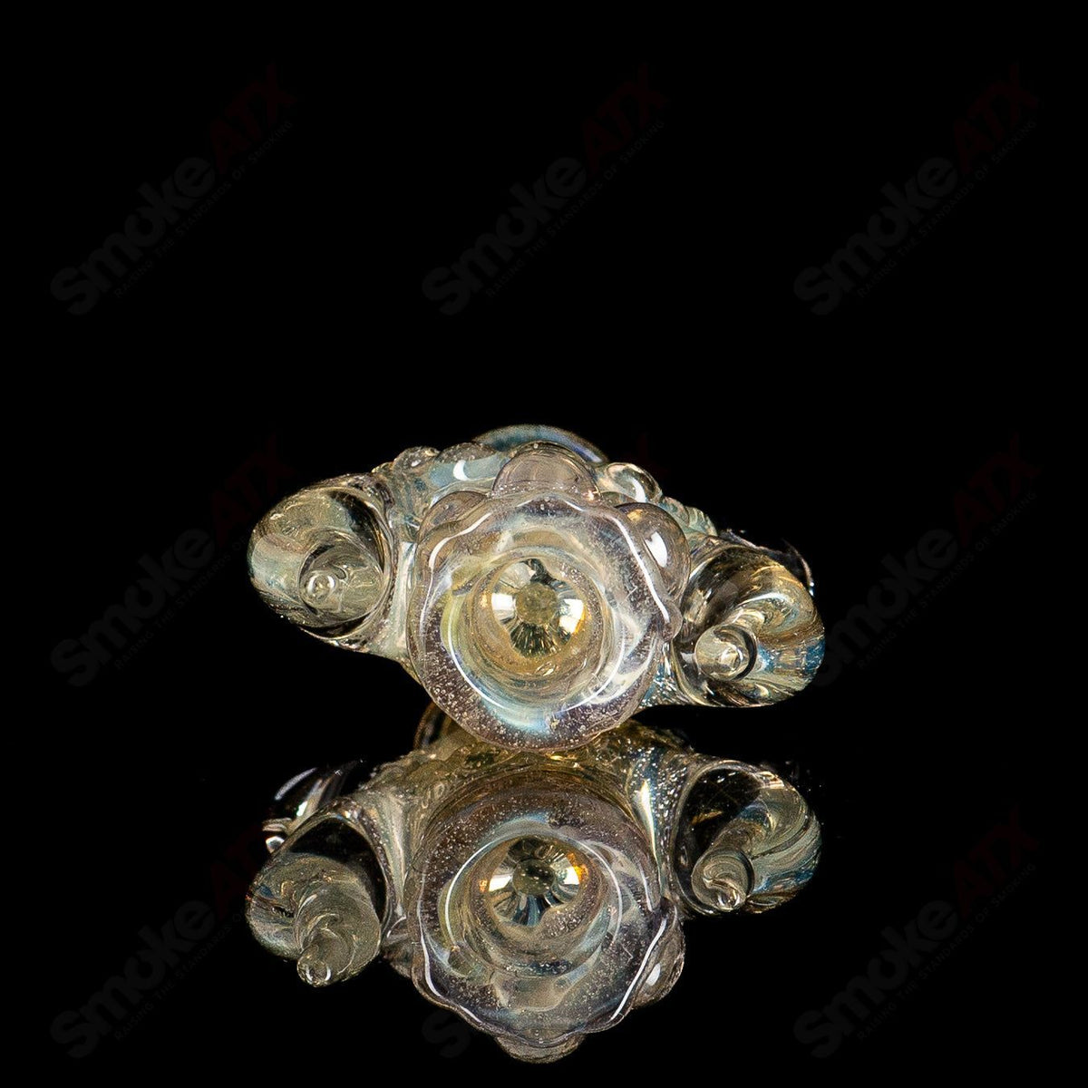 JMK Glass Shapely Fumed Chillum glass pipe with swirling fumed design, showcasing smooth curves and a polished finish.