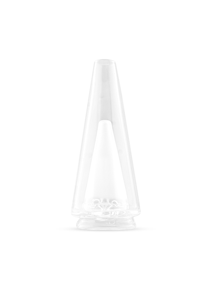Clear Puffco Peak glass top showing the transparent glass design and connection points for the Puffco vaporizer.