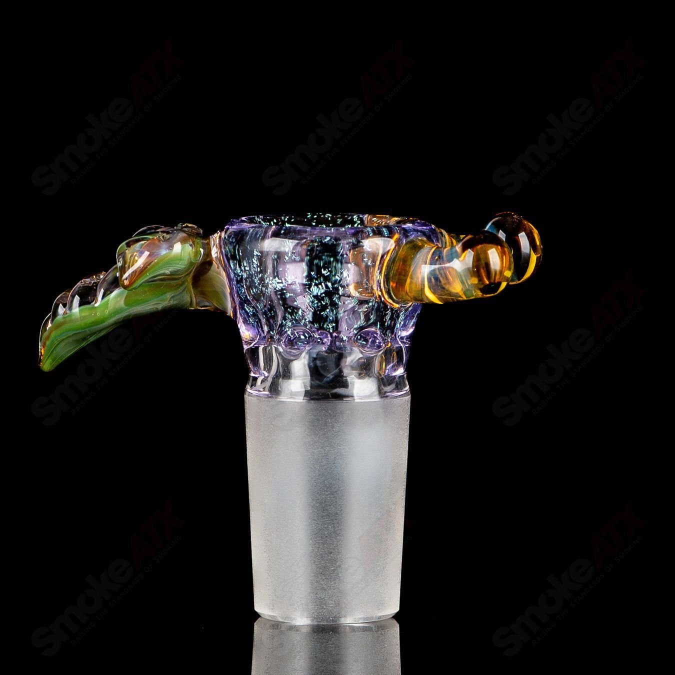 Purple 18mm 4-hole slide bowl by Mr. Gray, Heady Glass, designed for 18mm pipes with four holes for airflow.