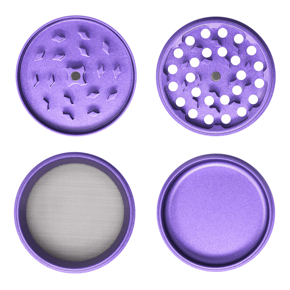 Purple 2.5-inch Cali Crusher 4-piece metal grinder for herbs and spices, featuring durable construction and sharp grinding teeth.