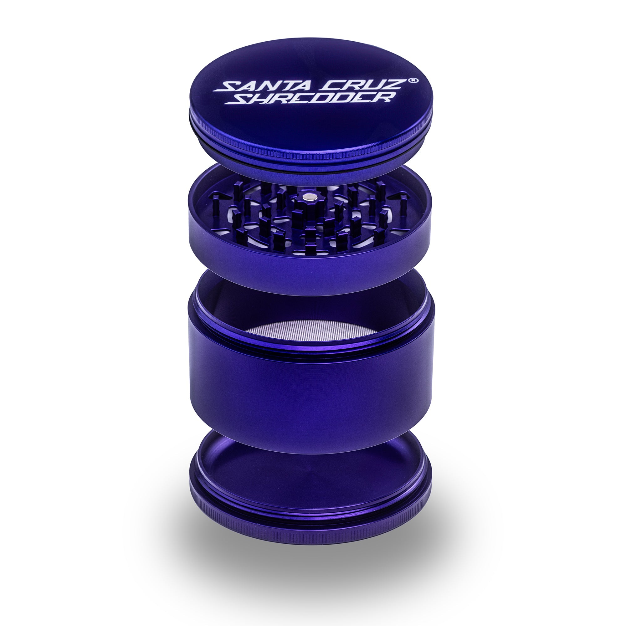 Purple Santa Cruz Shredder 4pc Jumbo SCS metal grinder with textured grip and multiple compartments for grinding herbs and storage.