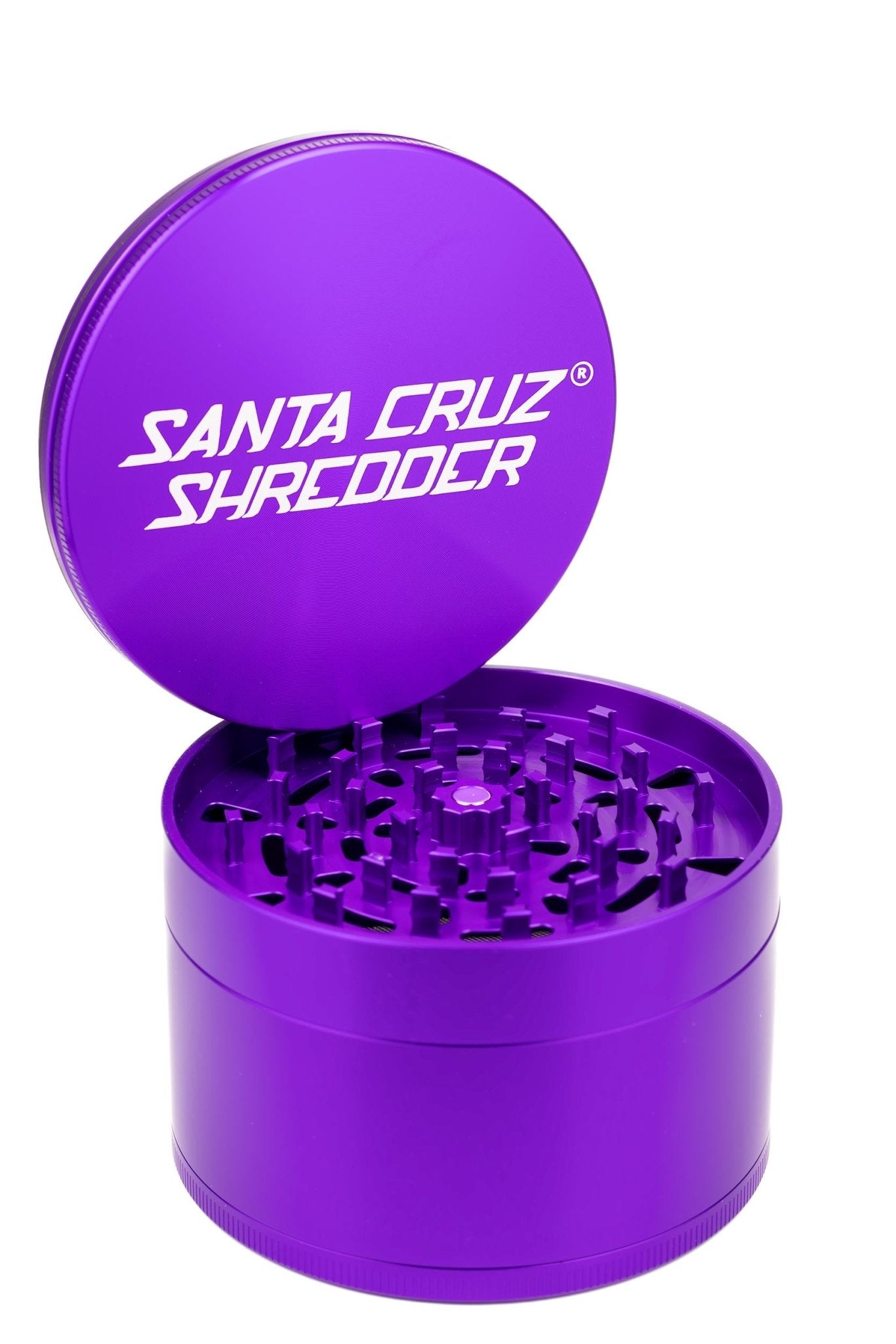 Purple Santa Cruz Shredder 4pc Jumbo SCS metal grinder with four compartments and textured grip, designed for herb grinding.