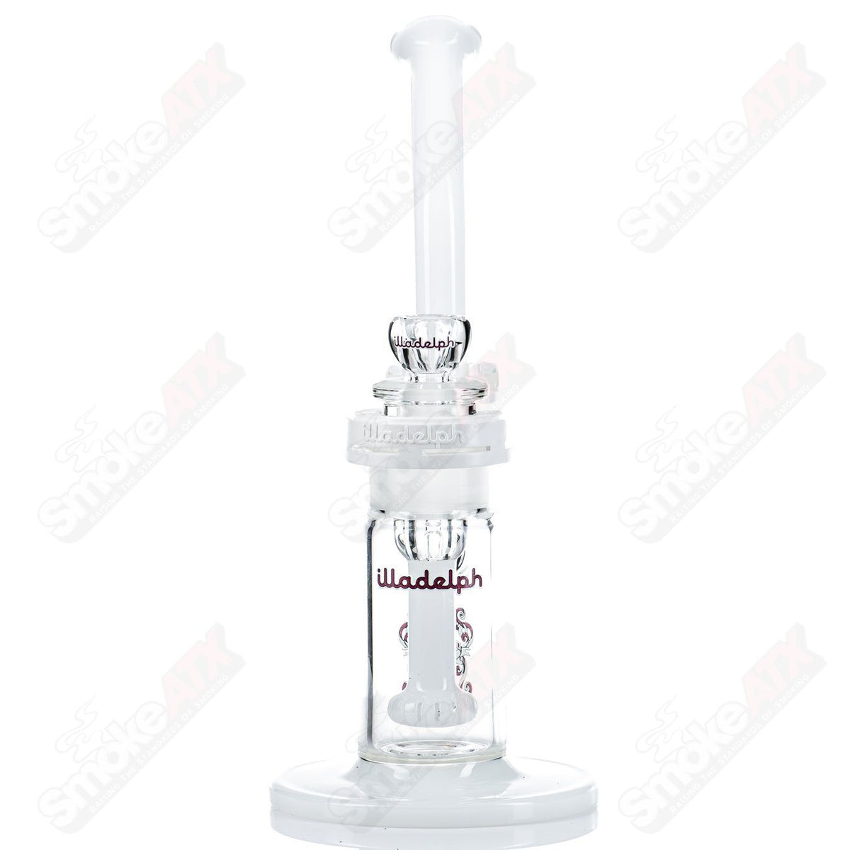 Purple Illadelph glass waterpipe bubbler with intricate design and clear glass accents, perfect for smoking sessions.