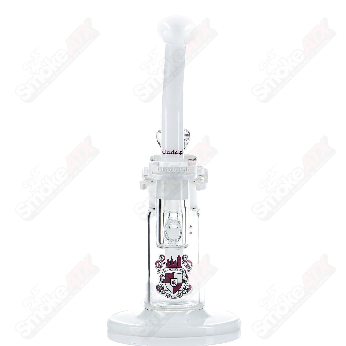 Purple Illadelph glass waterpipe bubbler with intricate design and clear accents, ideal for smooth smoking sessions.