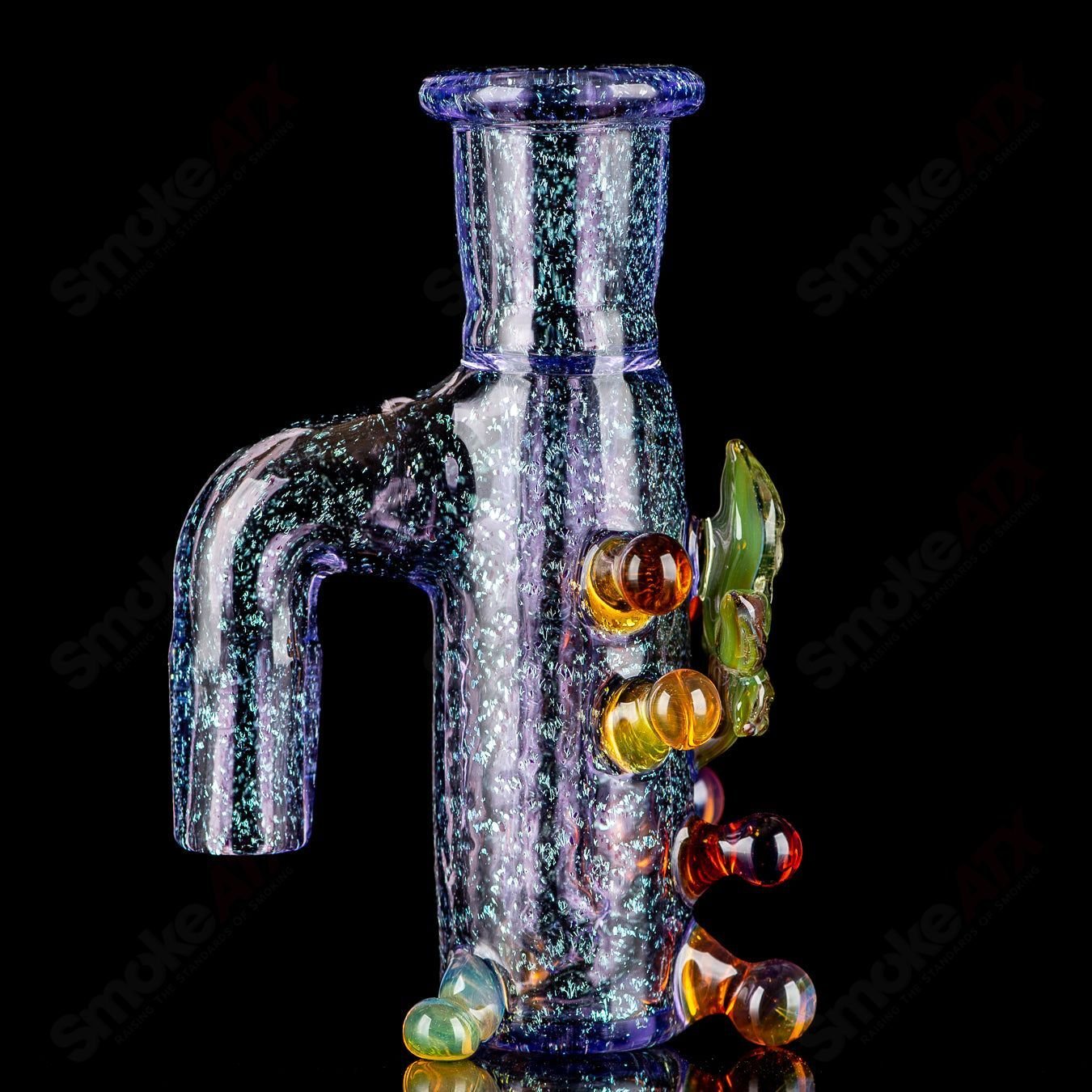 Purple dichro ash catcher with UV leaf design by Mr. Gray, heady glass piece for enhancing smoking experience.