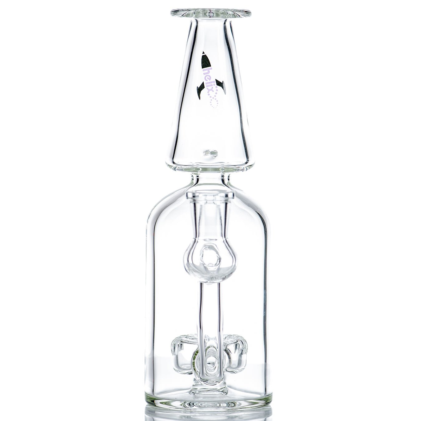 Purple Label Bottle Rocket Bubbler by American Helix, clear glass recycler with purple accents and a streamlined design.