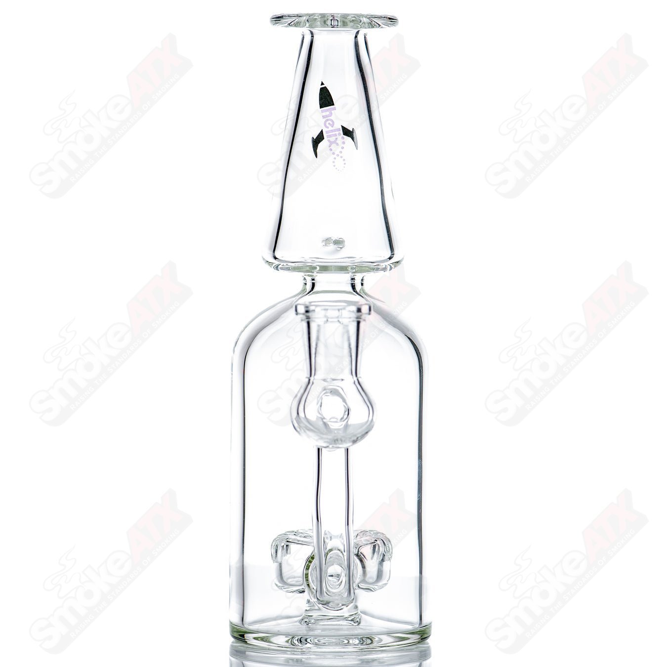 Purple Label Bottle Rocket Bubbler by American Helix, clear glass recycler with purple accents and a streamlined design.