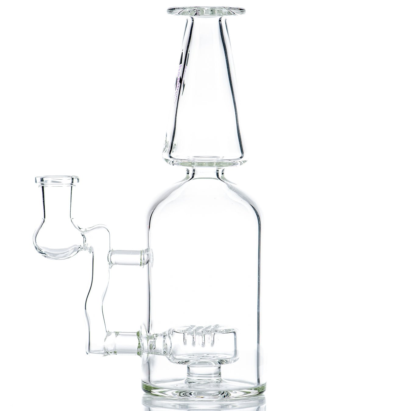 Purple Label Bottle Rocket Bubbler by American Helix, clear glass recycler with purple accents and intricate design details.