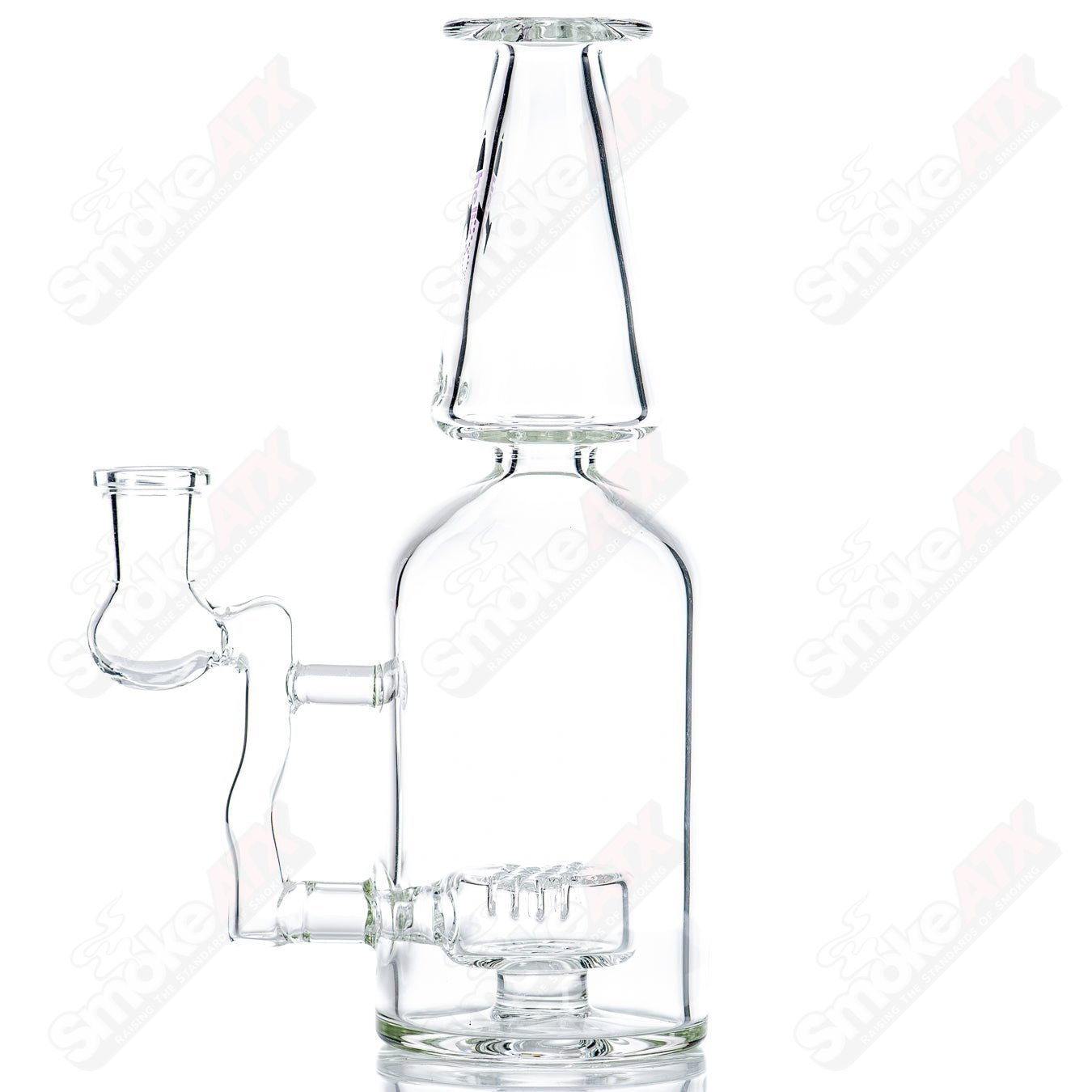 Purple Label Bottle Rocket Bubbler by American Helix, clear glass recycler with purple accents and intricate design details.